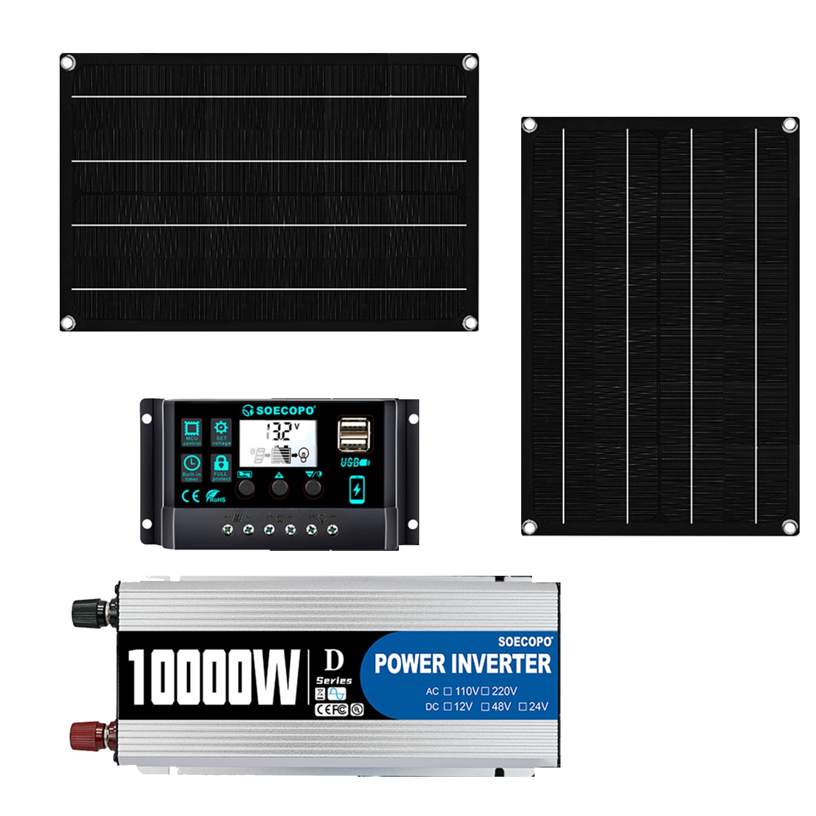 10000W Solar Power System Kit 12Vto110V/220V+2pcs Solar Panels+ 100A Controller