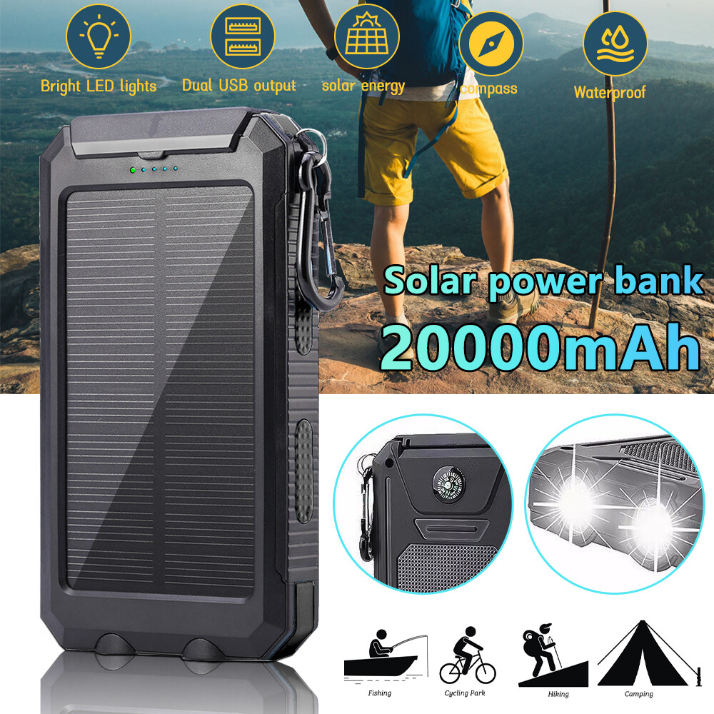 Waterproof 20000mAh Dual USB Portable Power Bank External Solar Battery Charger