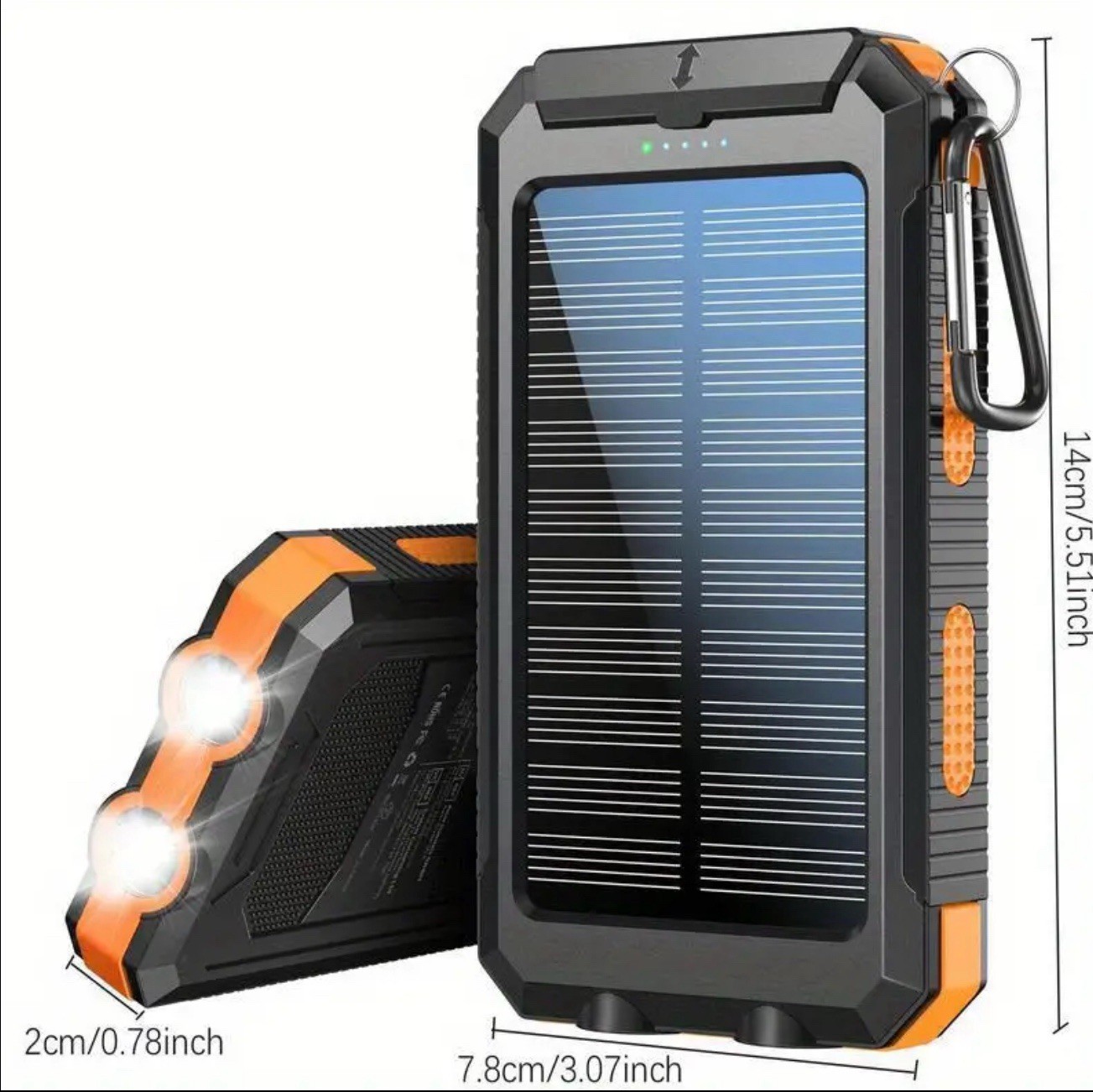 Orange 20000mAh Solar Power Bank Dual USB-C LED Flashlight Compass Outdoor