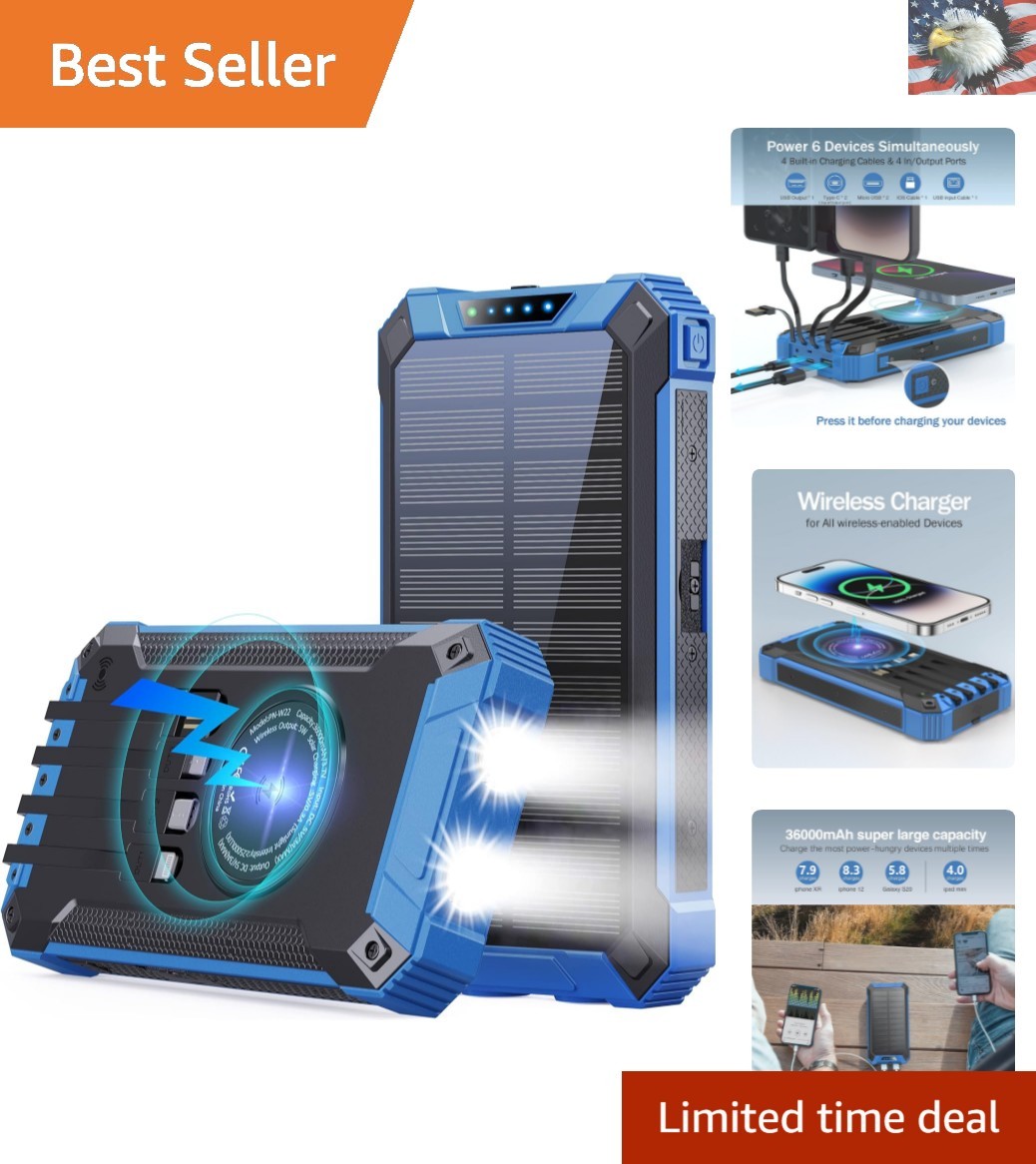 36000mAh Solar Power Bank & Wireless Charger – 6 Ports, Fast Charging & Durable