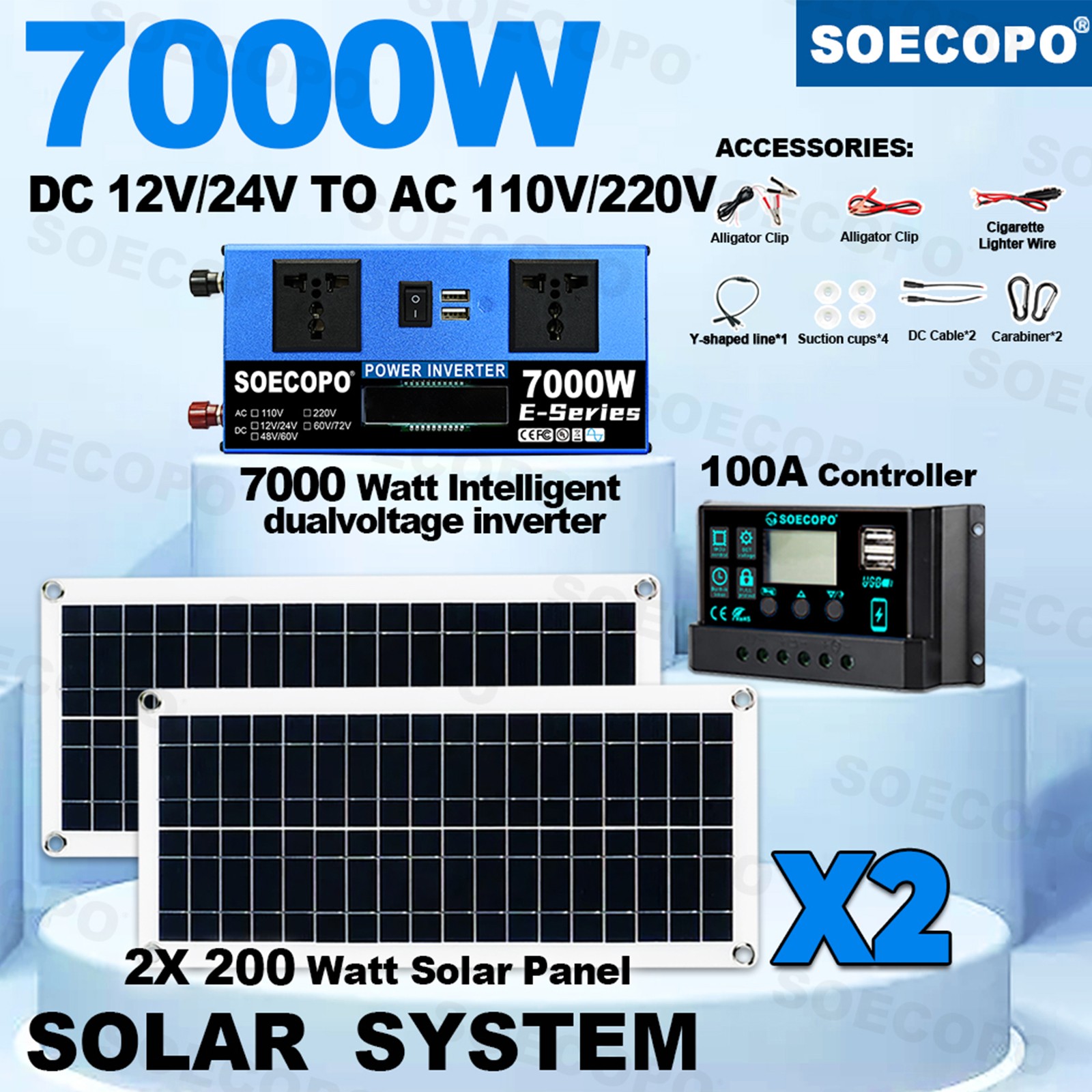 7000W Solar Energy Kit | Off-Grid Solution, 2pcs 200W Solar Panels, Controller