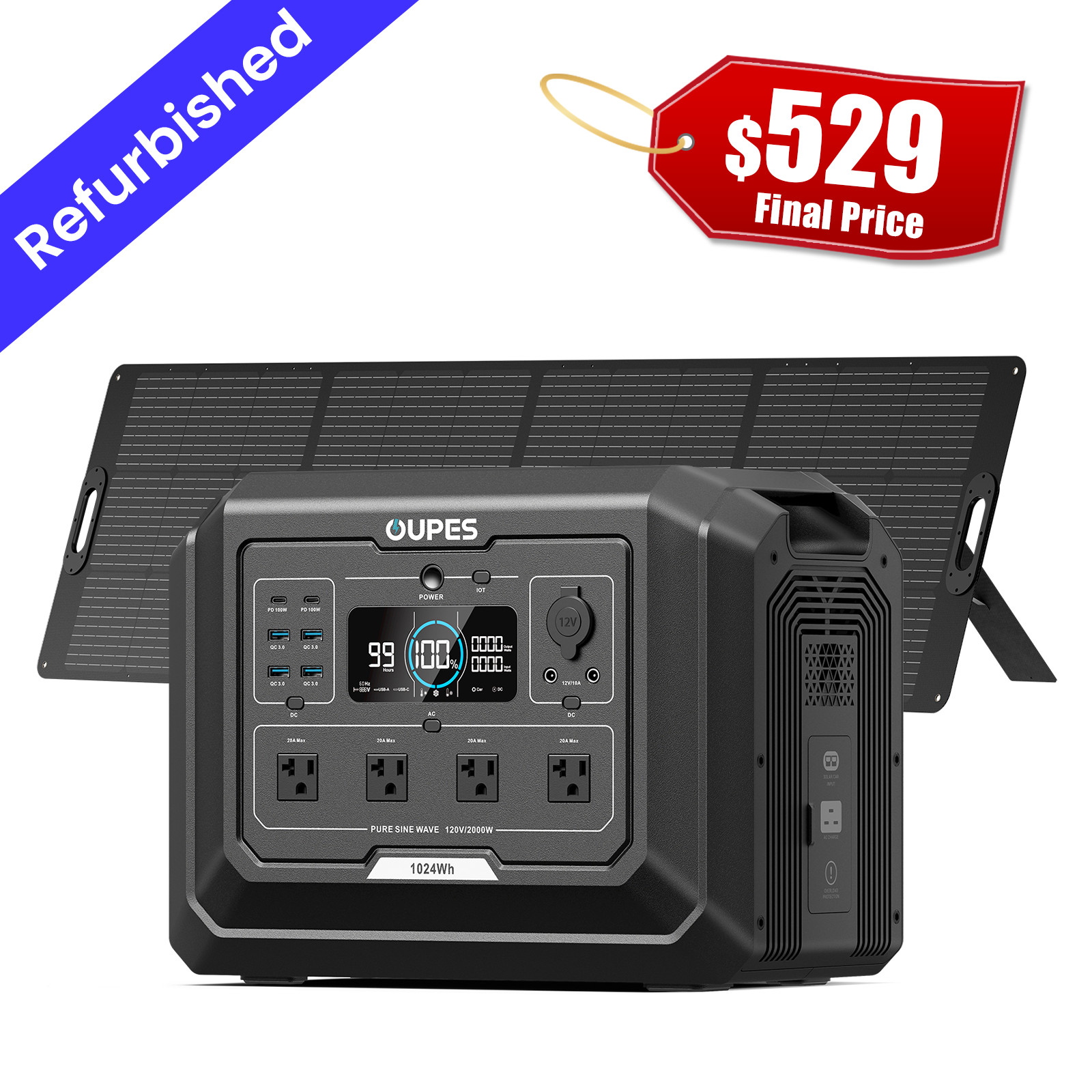 OUPES 1024Wh Mega 1 Power Station 2000W Solar Generator+240w Solar Panel Outdoor