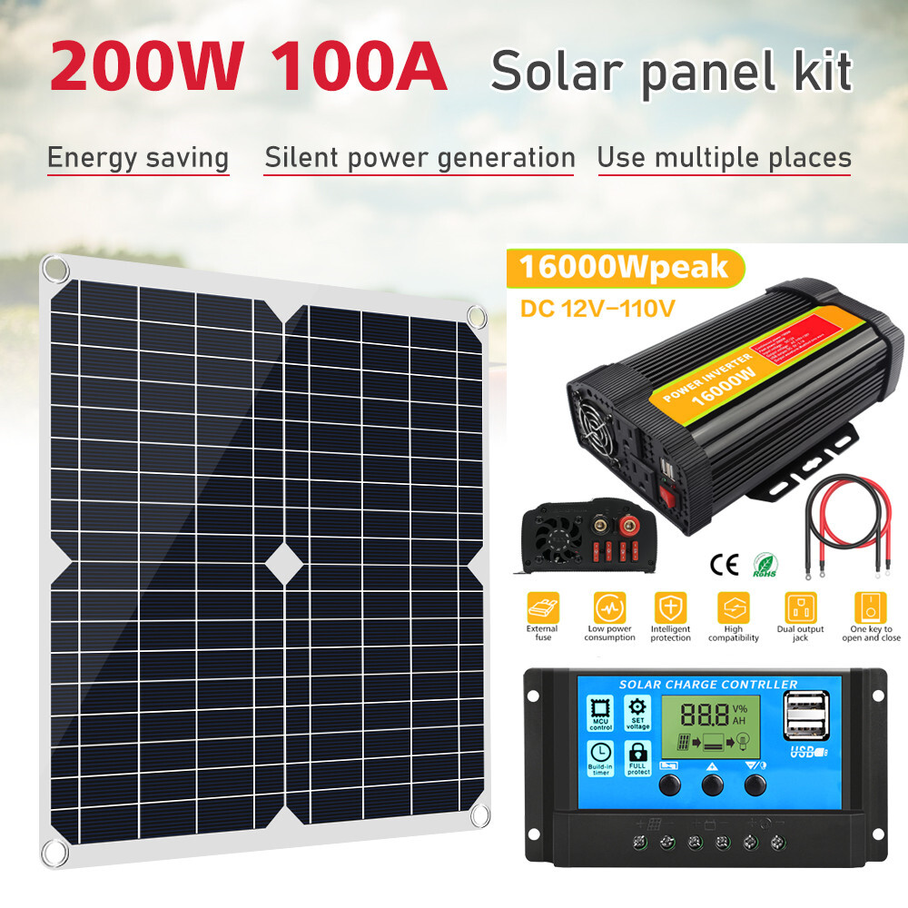 16000W Peak Car Power Inverter 200 Watts Solar Panel Kit 100A Charger Controller