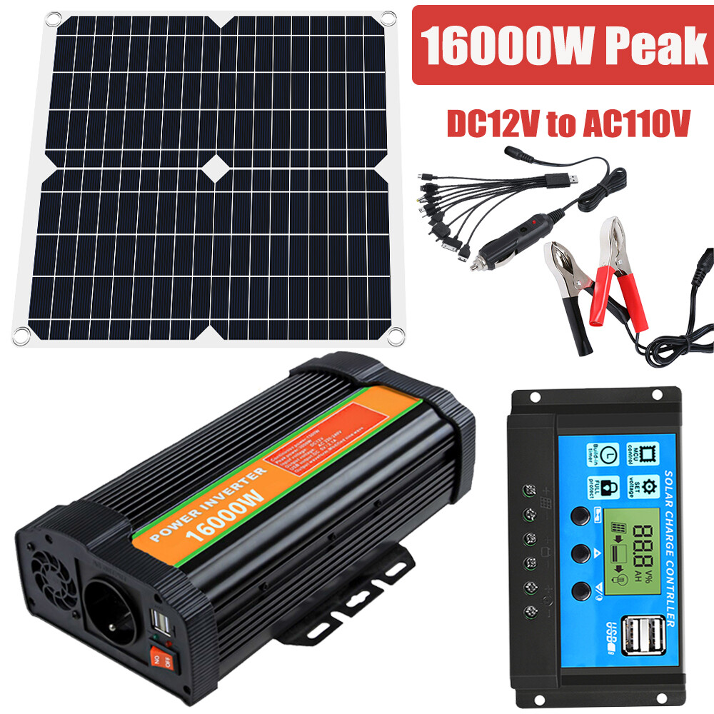 16000W Peak Car Power Inverter 200 Watts Solar Panel Kit 100A Charger Controller