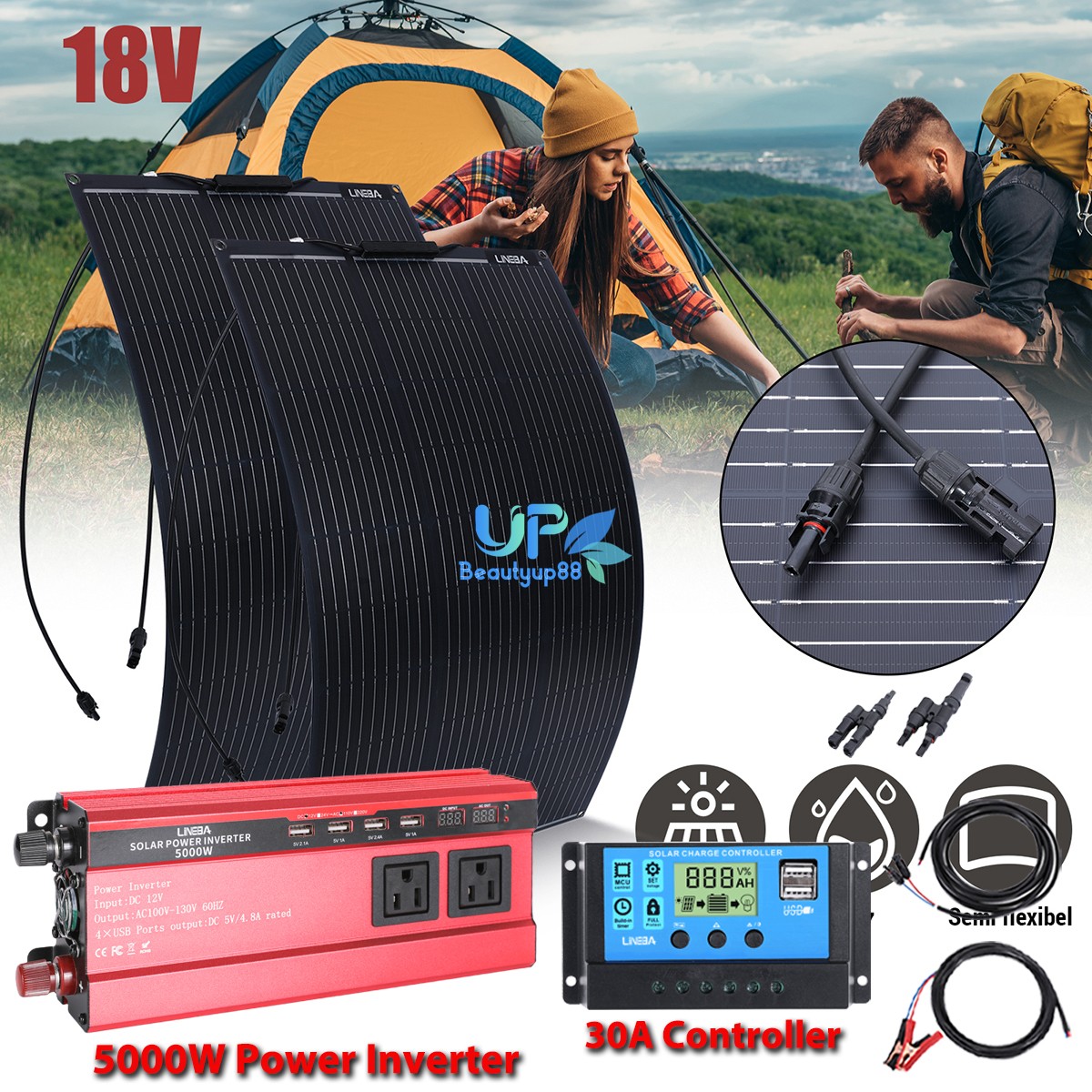 200W 100W Mono Solar Panel Kit Solar Charger 5000W Power Inverter for RV Camping