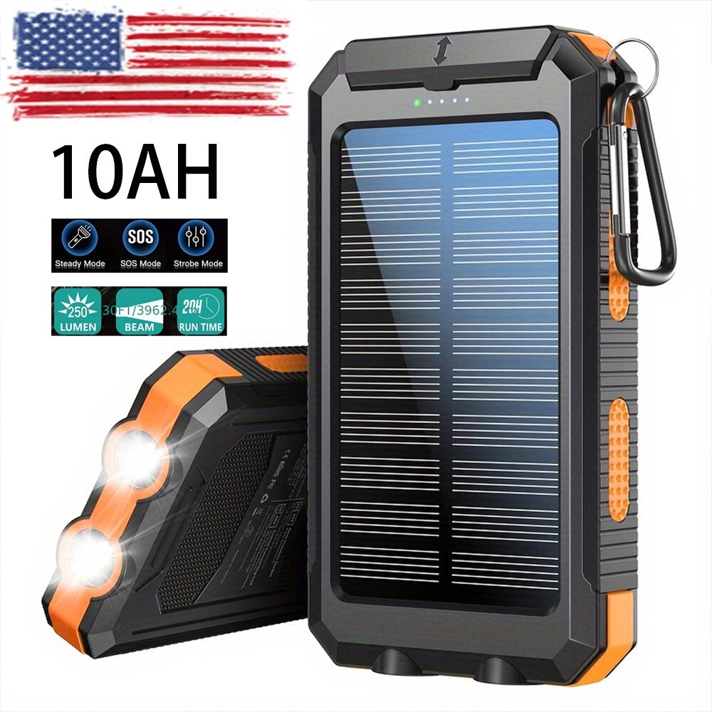 10Ah Portable Solar Power Bank Pack USB LED Flashlight Fast Charger Compass