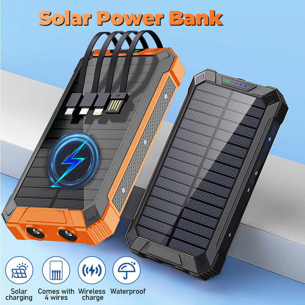 36000mAh Solar Power Bank 15W Fast Wireless Charger External Battery With Cables