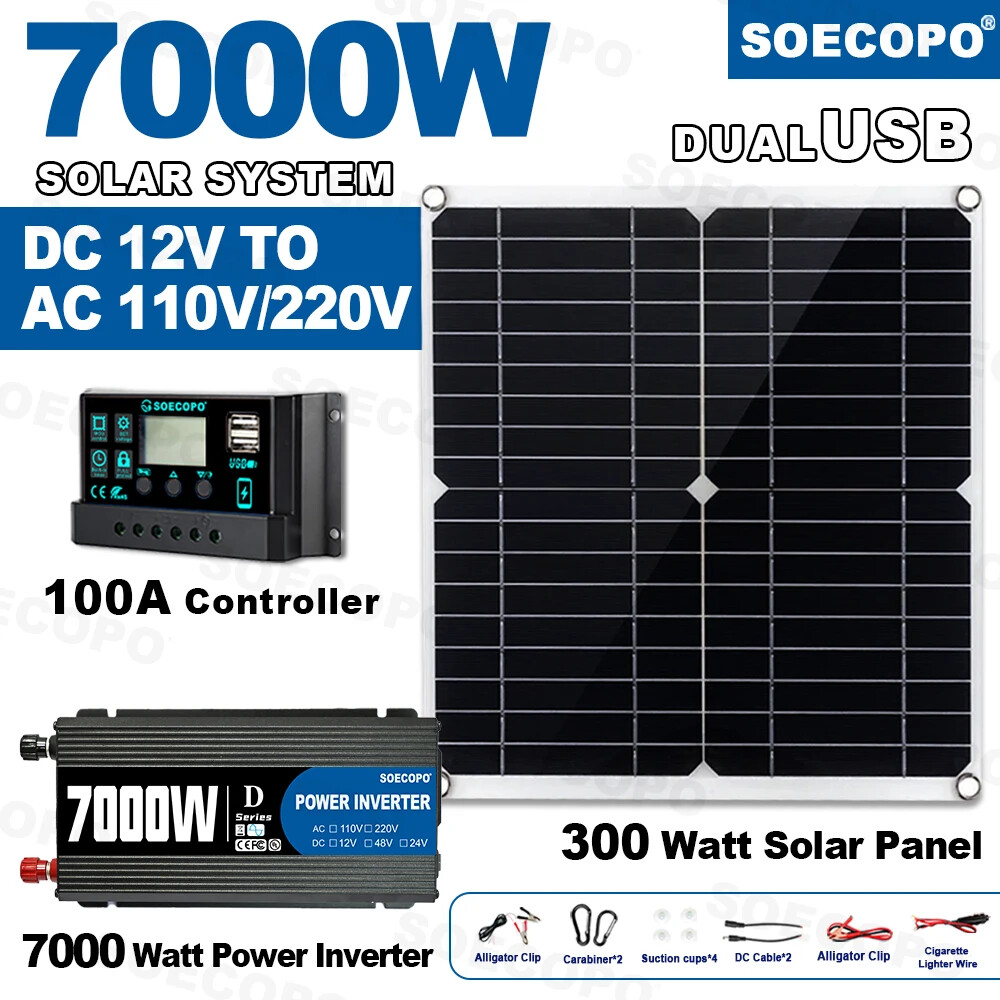 7000W Solar Kit 12V 110V Inverter Battery ChargerLighting/Camping 300W Panel
