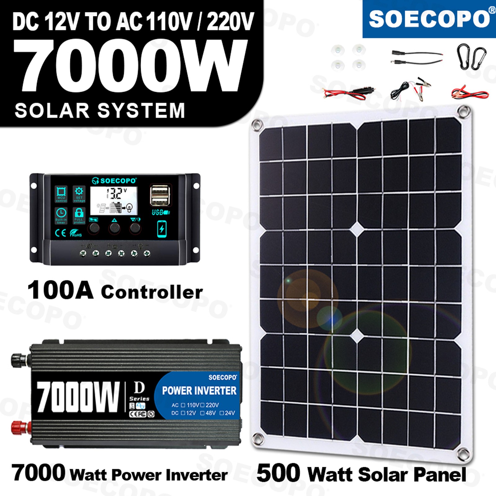 7000W Solar Kit 12V 110V Inverter Battery ChargerLighting Camping 500W Panel US