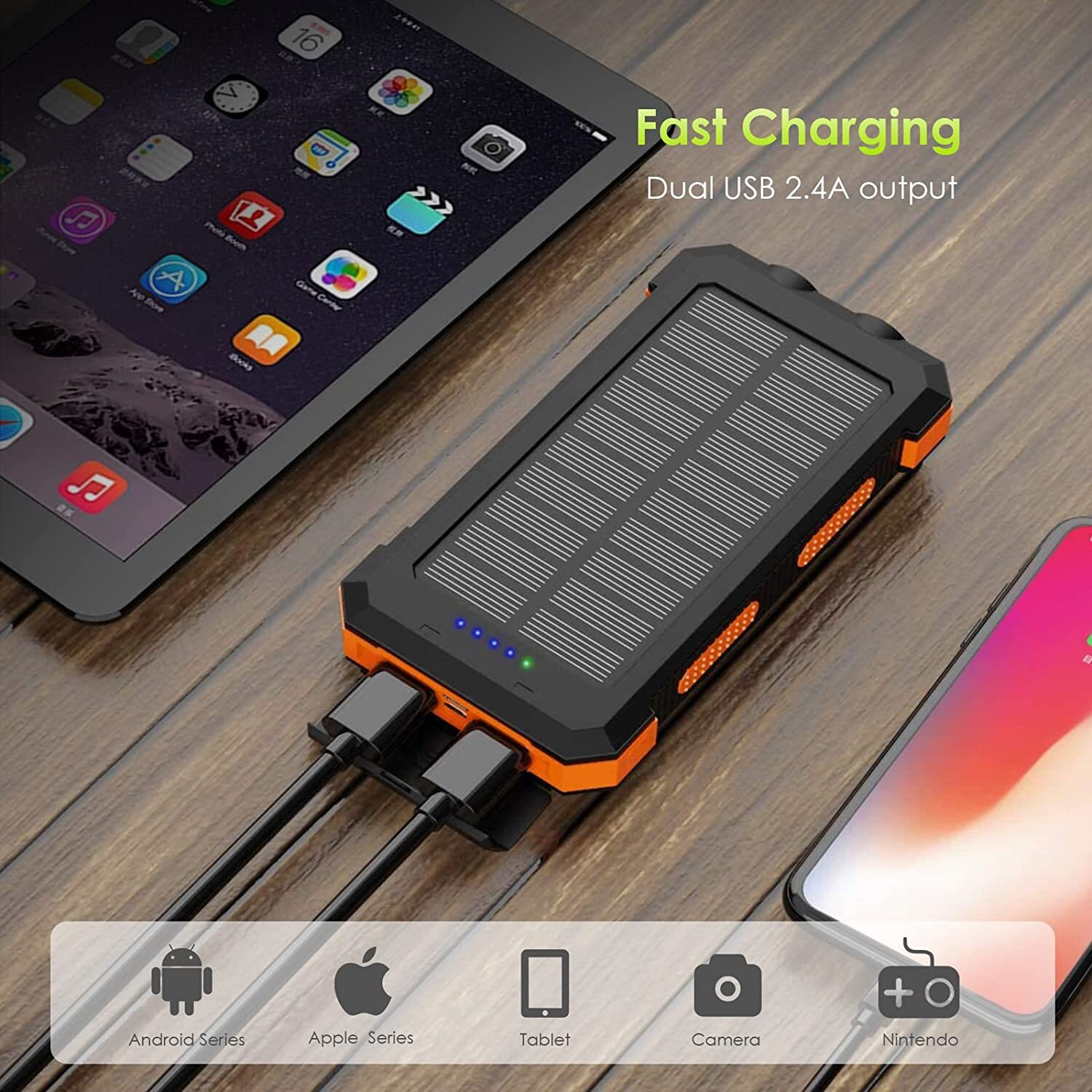 20000mAh Portable External Solar Power Bank Dual 2USB Battery Charger for Phone