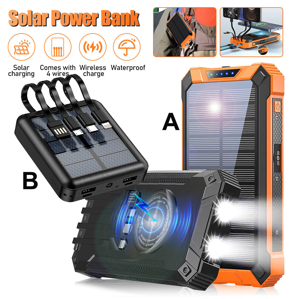 36000mAh Solar Power Bank Wireless Charger 15W Fast Charging Built in 4 Cables