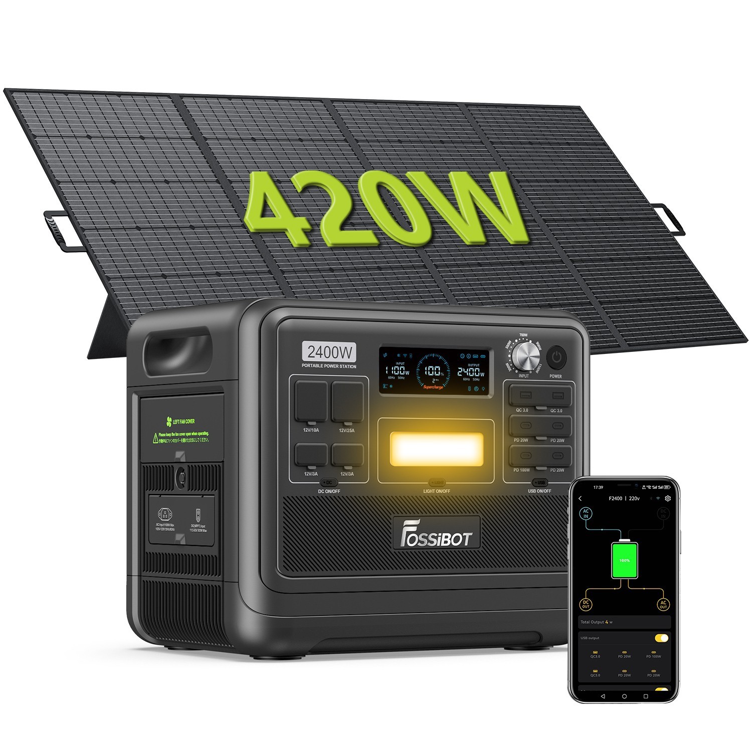 FOSSiBOT F2400 2400W 2048Wh Portable Power Station Generator + 420W Solar Panel