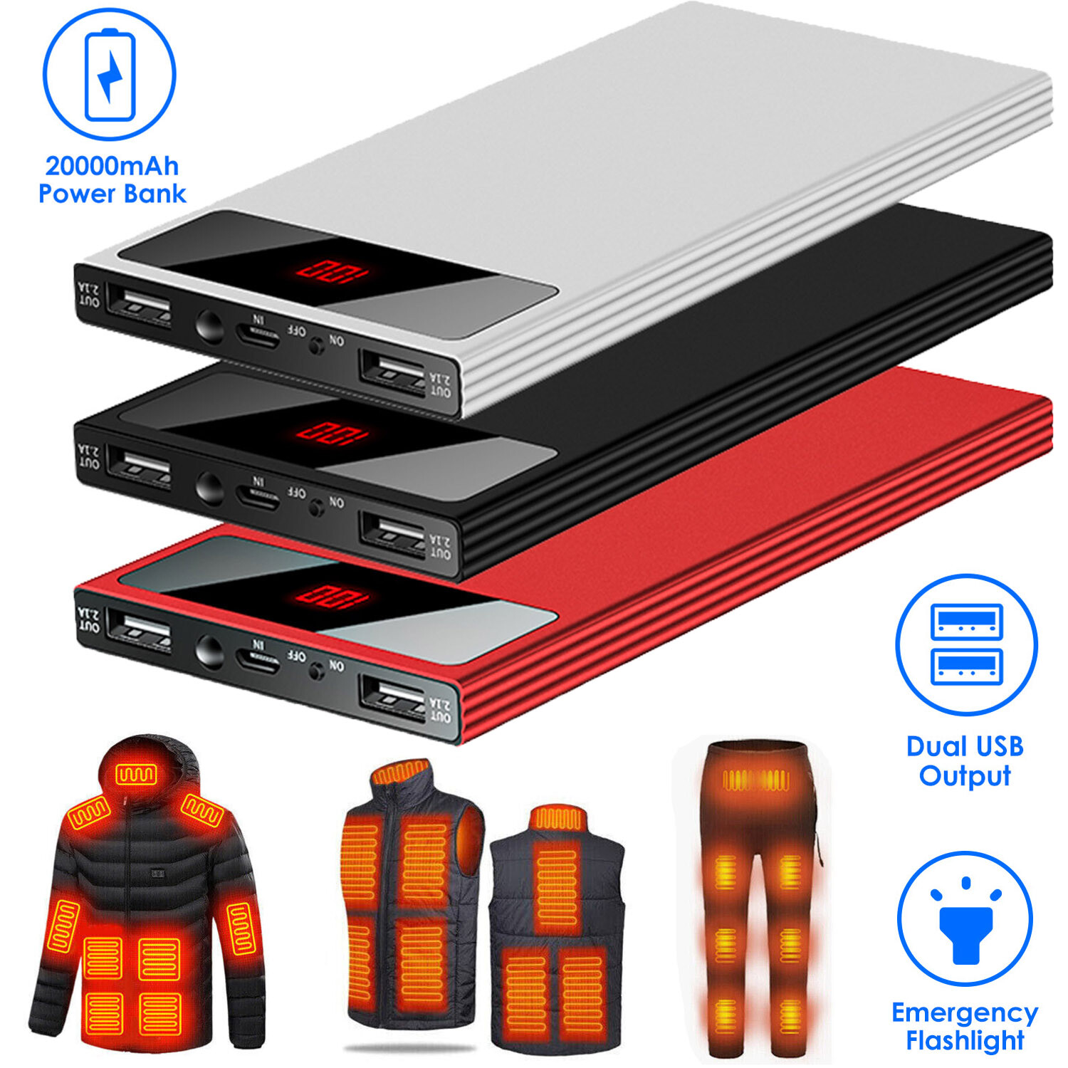 20000mAh Power Bank External USB Battery Charger for Heated Vest Gloves Jacket