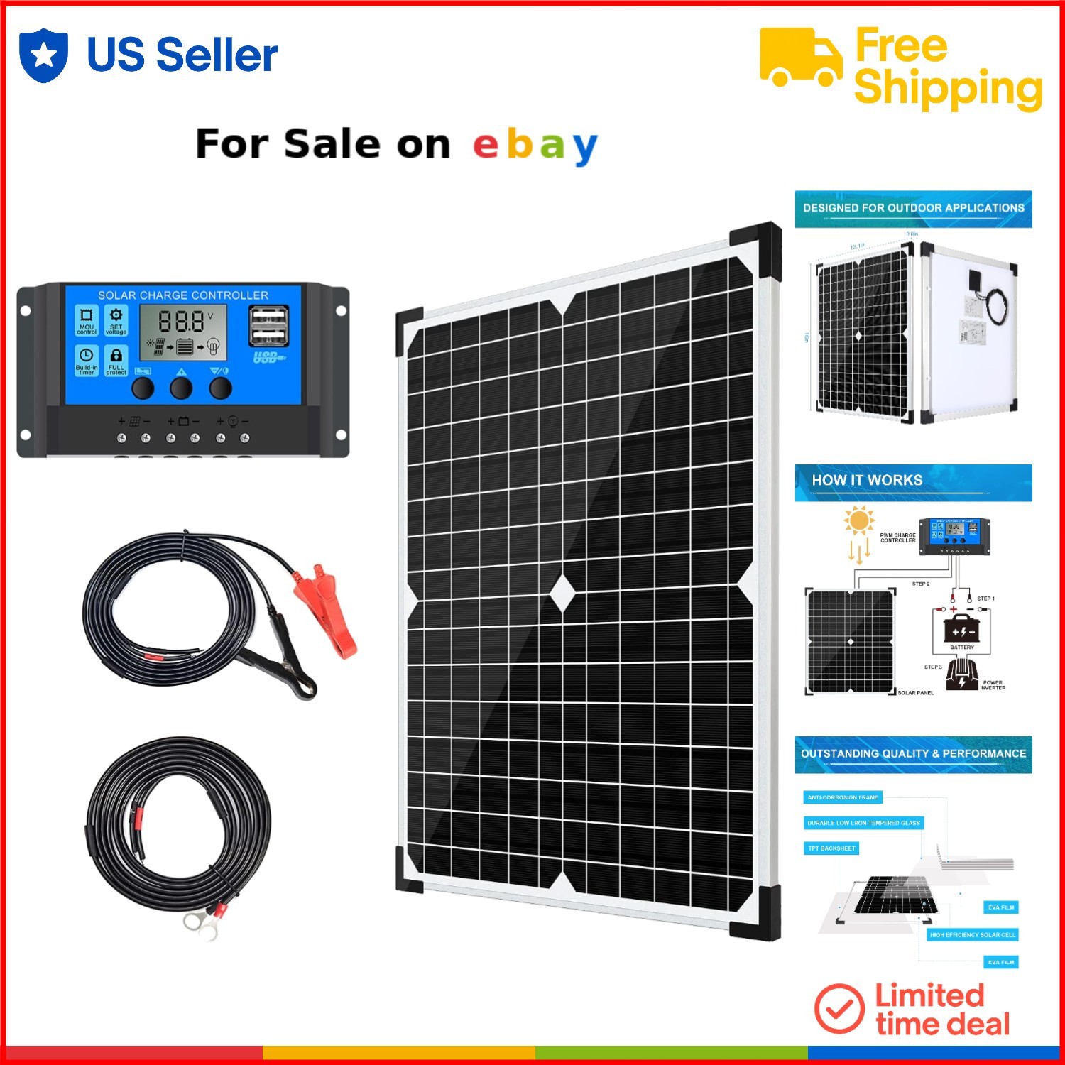Solar Panel Kit 20W 12V Monocrystalline with Charge Controller for off grid use