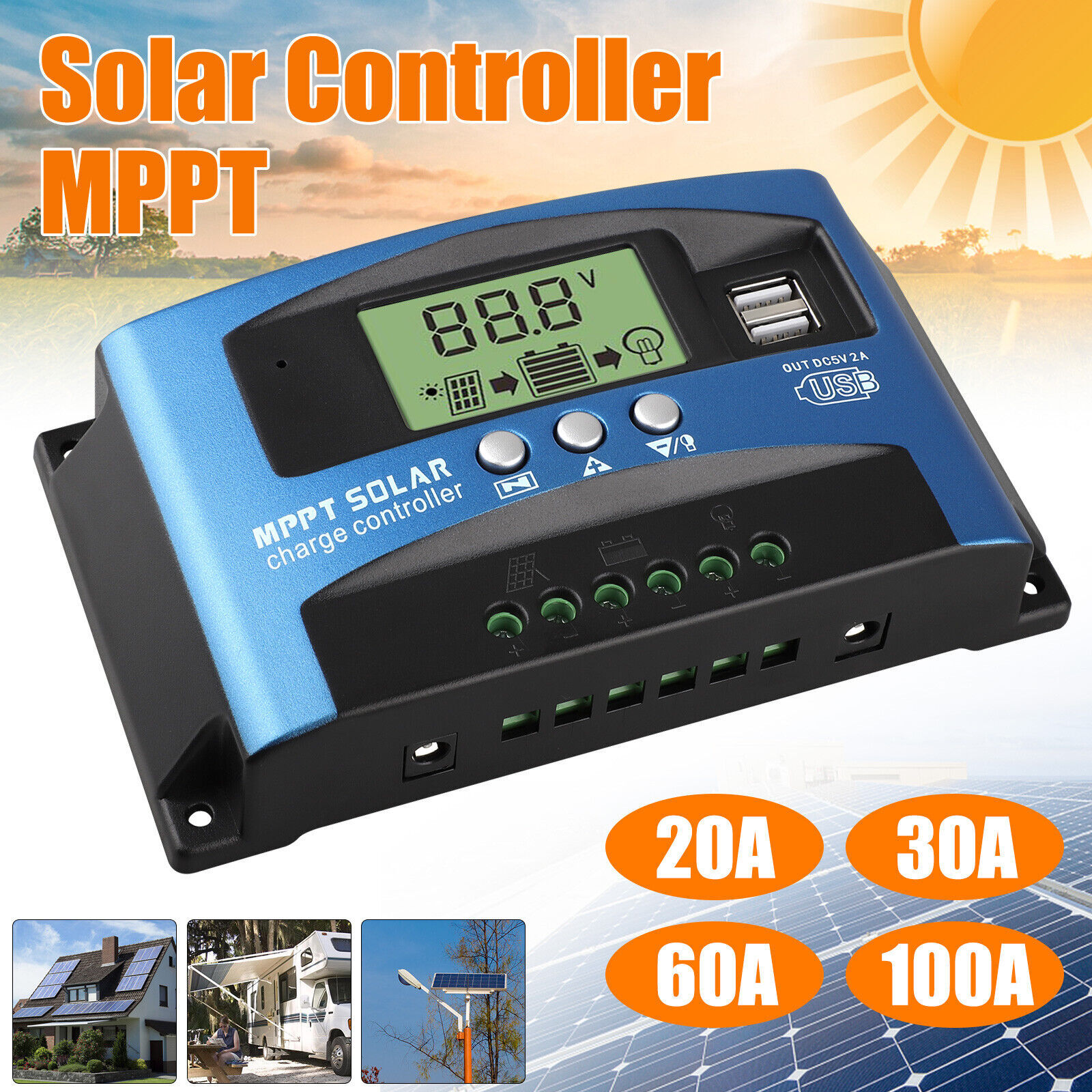 30-100A MPPT Solar Panel Regulator Charge Controller 12/24V Auto Focus Tracking