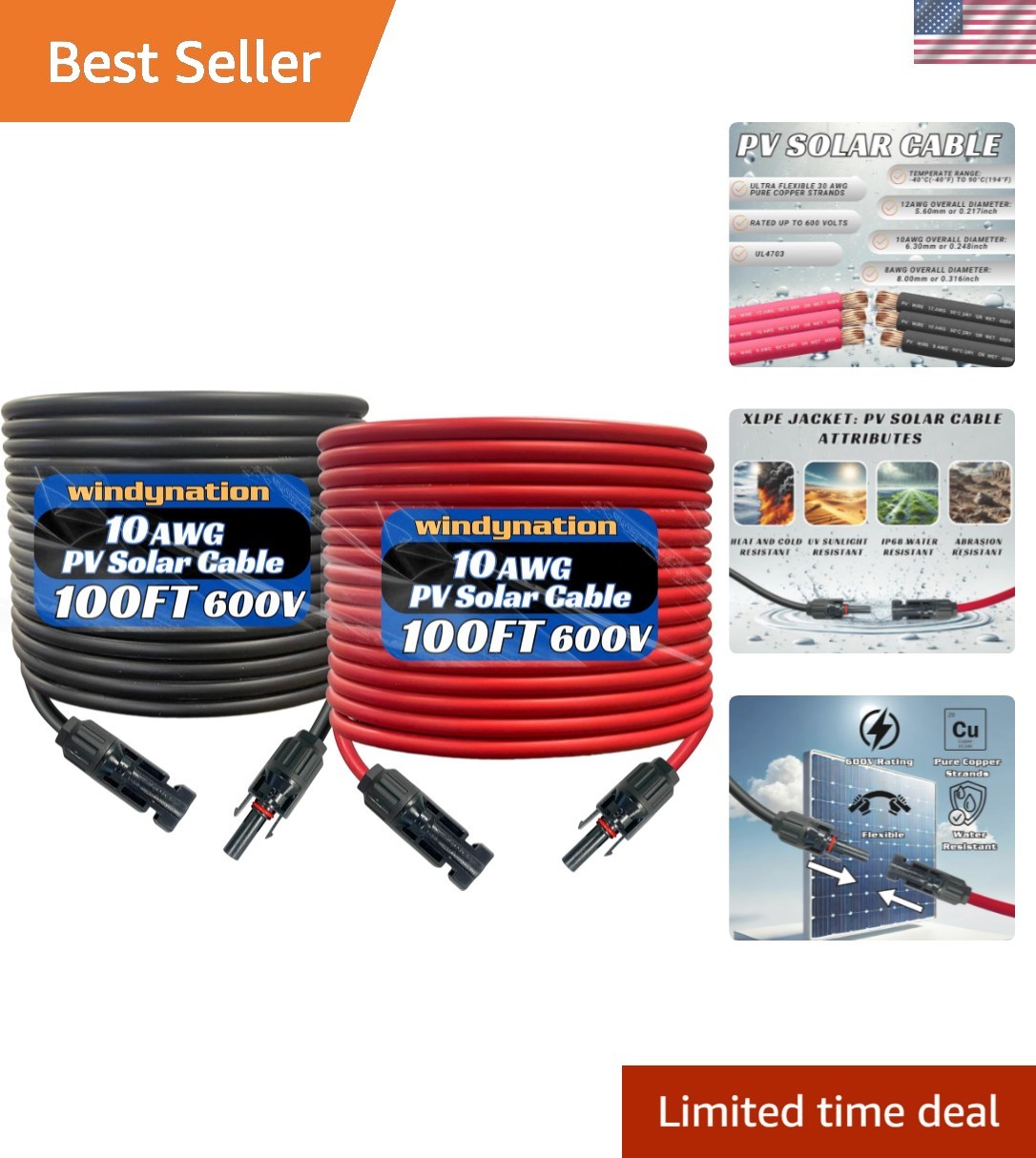 200 Feet 10 AWG Solar Extension Cable Pair – Black & Red, Waterproof Connectors