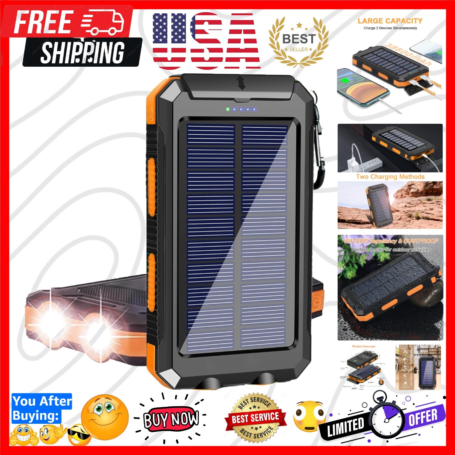 All-in-One Portable Solar Power Bank: 38800mAh, LEDs & Multi-Device Ready