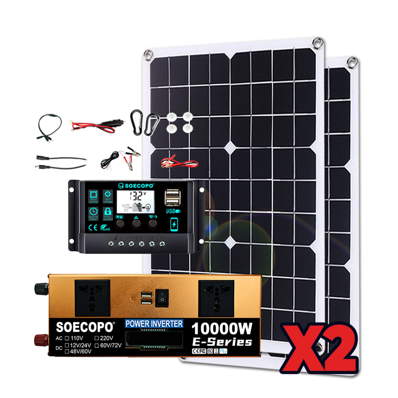 10000W Solar Kit Inverter 12V24V-110V/220V + 2pcs Solar Panels + Controller 100A