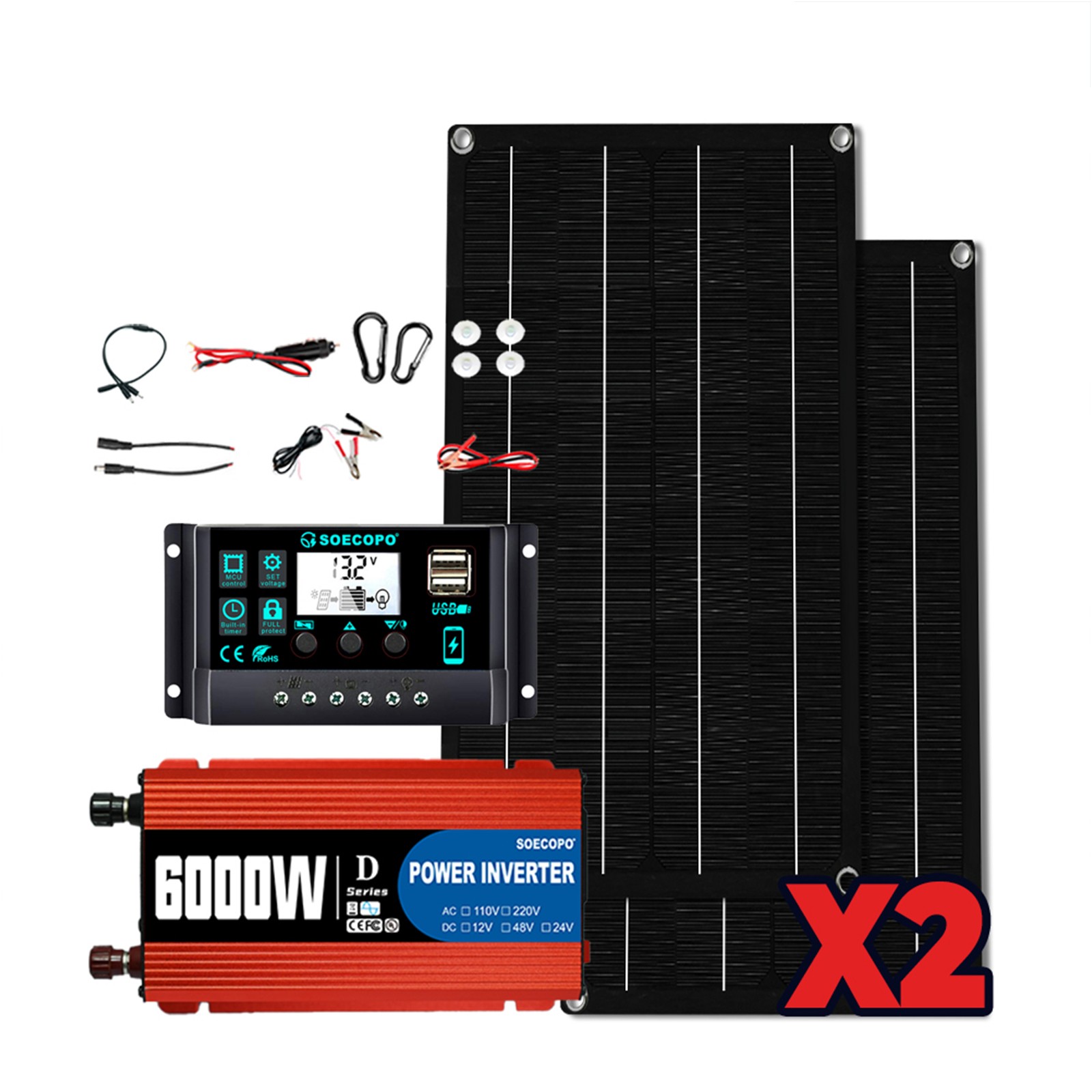 6000W Solar Kit DC12V-AC 110V/220V Inverter + 2pcs Solar Panels+ 100A Controller
