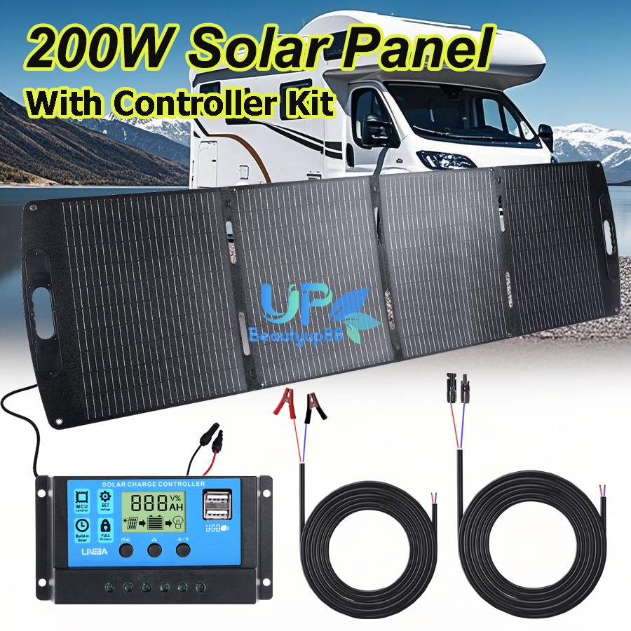 Foldable 200W Mono Solar Panel w/ Controller Kit Camping Home RV Battery Charge