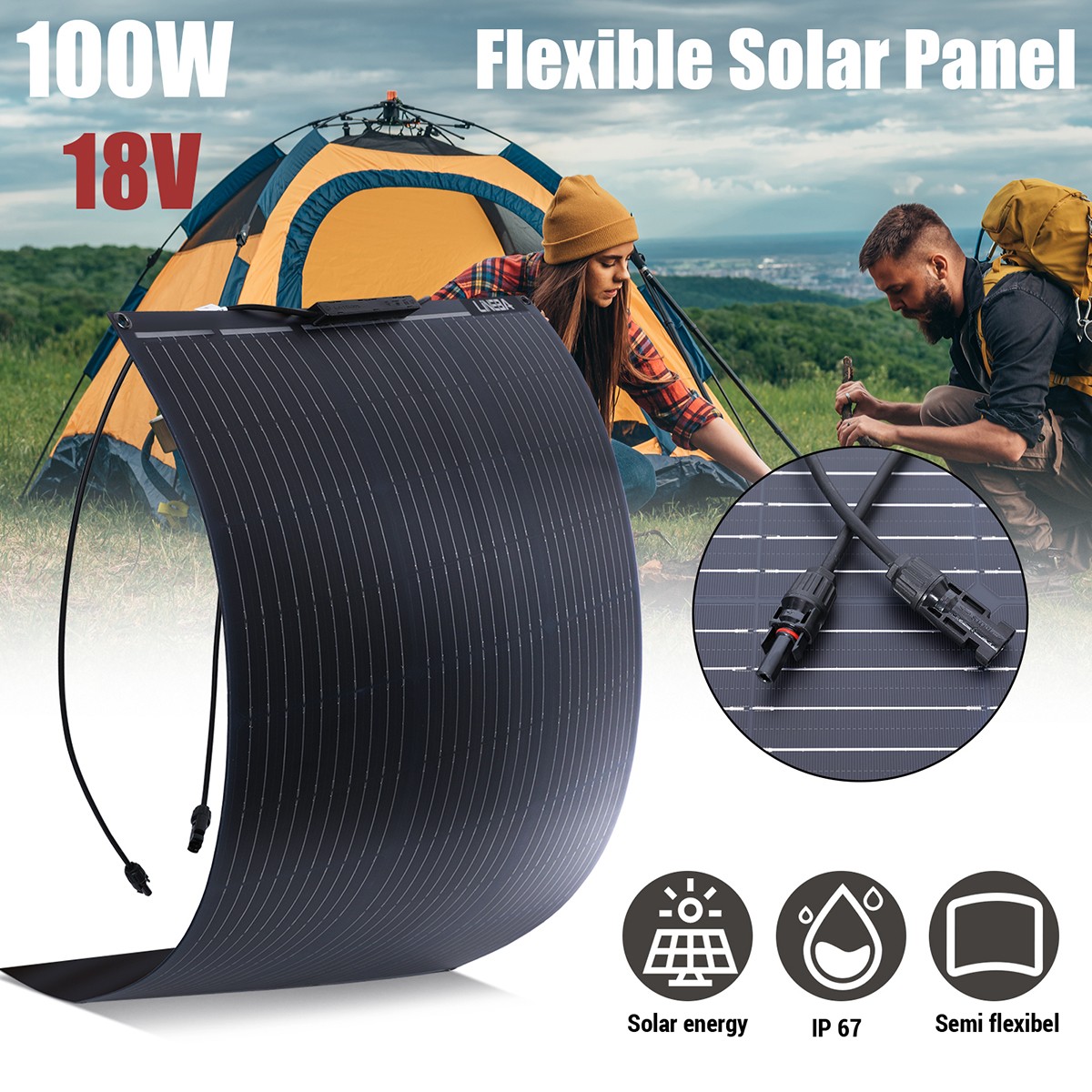 100W Portable Flexible Mono Solar Panel Kit RV Camper Boat Home Roof Off Grid