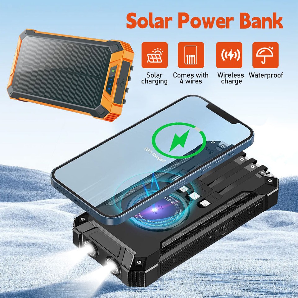2025 Super Large Capacity Portable Charger 4 Cables Solar Power Bank for Phone