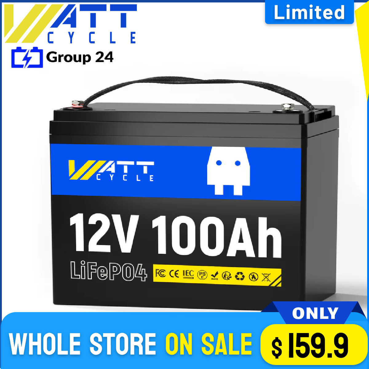 WattCycle 12V 100Ah LiFePO4 Lithium Battery 100A BMS Deep Cycle for RV Off-Grid