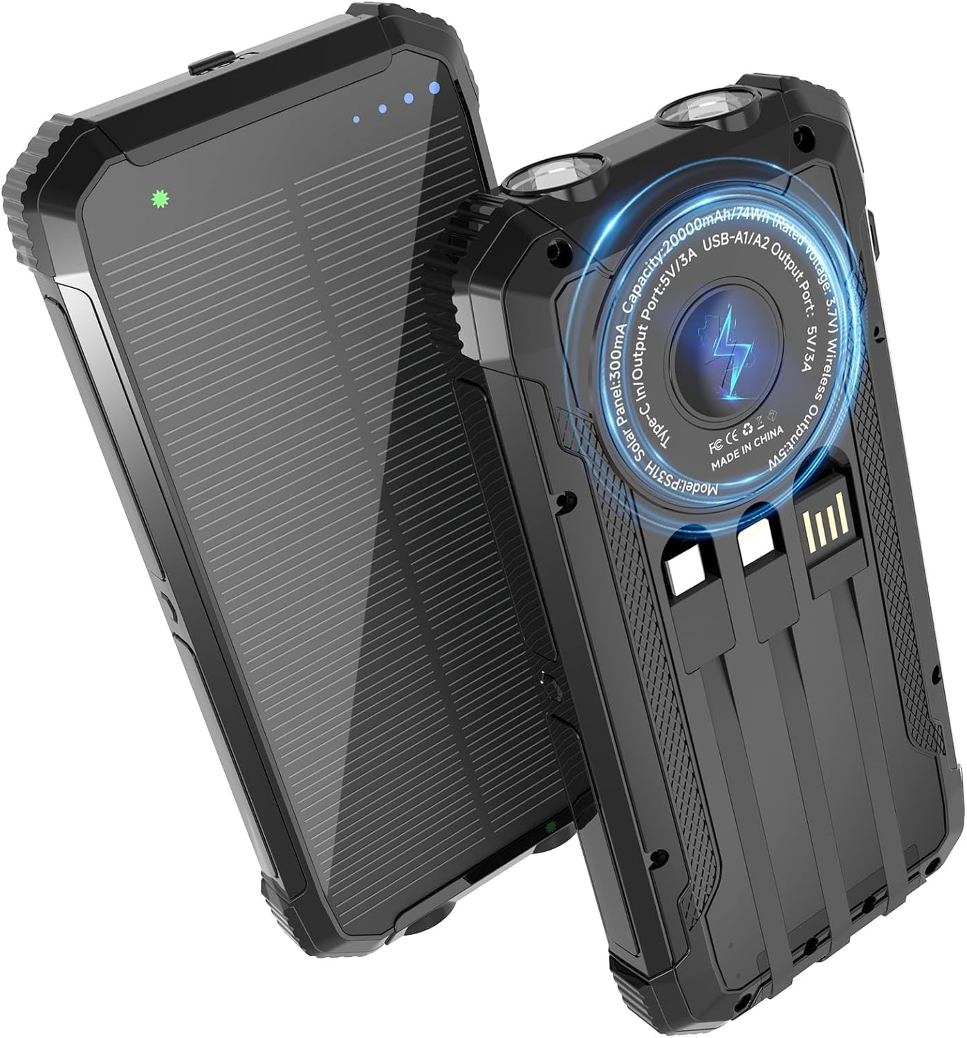 Solar Power Bank 20000Mah, Wireless Charger with 15W Fast Charging, 3 Data Cable