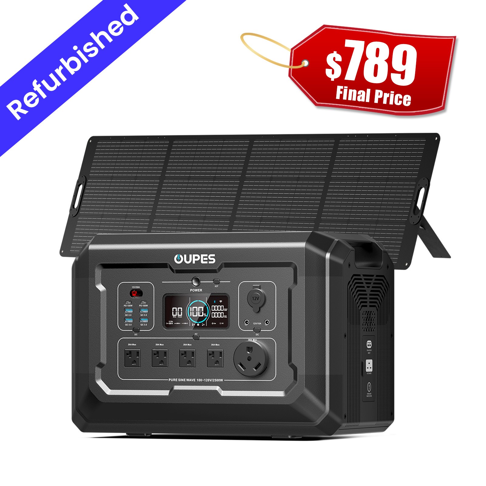 OUPES 2048Wh Mega 2 Power Station 2500W Solar Generator+240w Solar Panel Outdoor