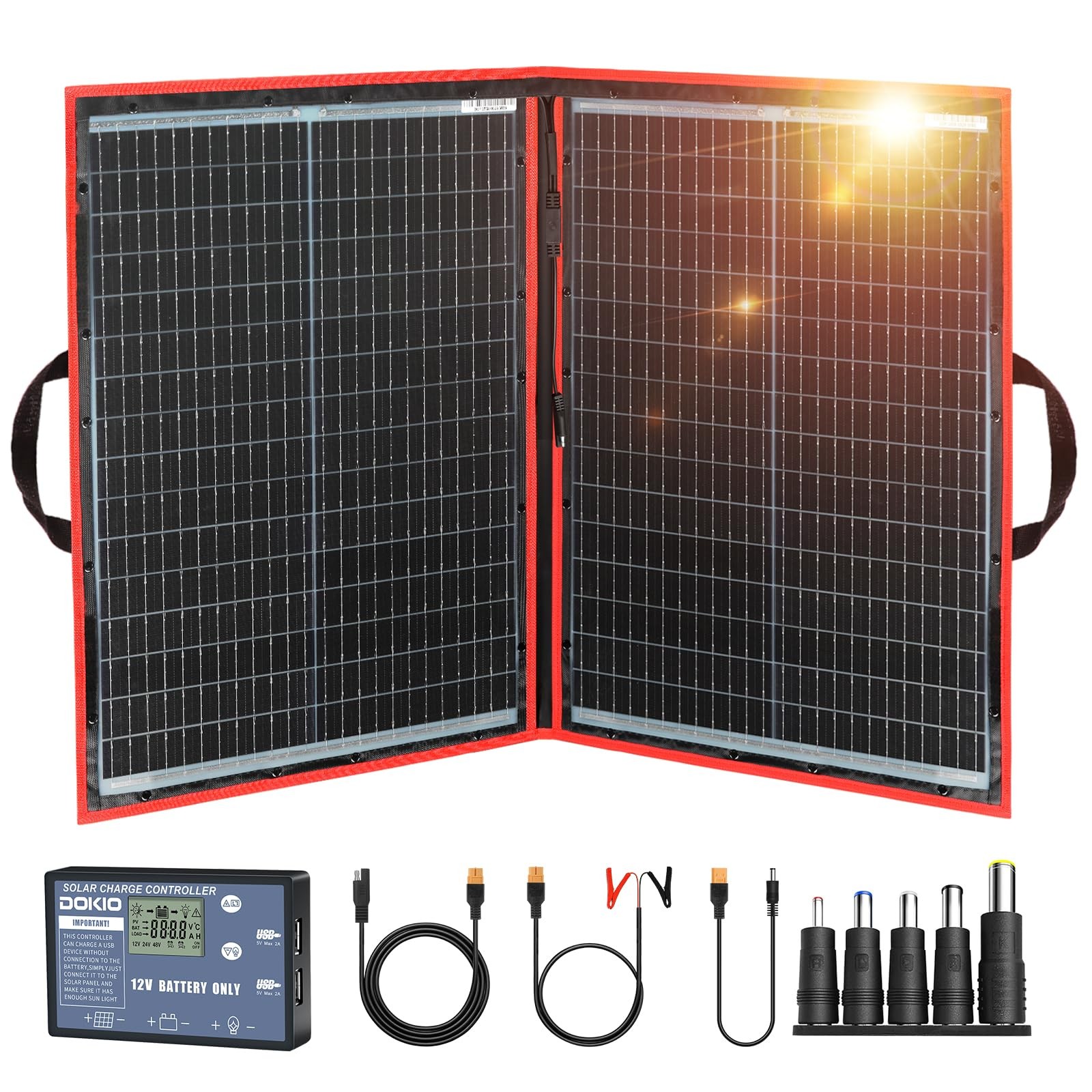 DOKIO 100w 18v Portable Foldable Solar Panel Kit (21x28inch, 5.9lb),Solar Con…