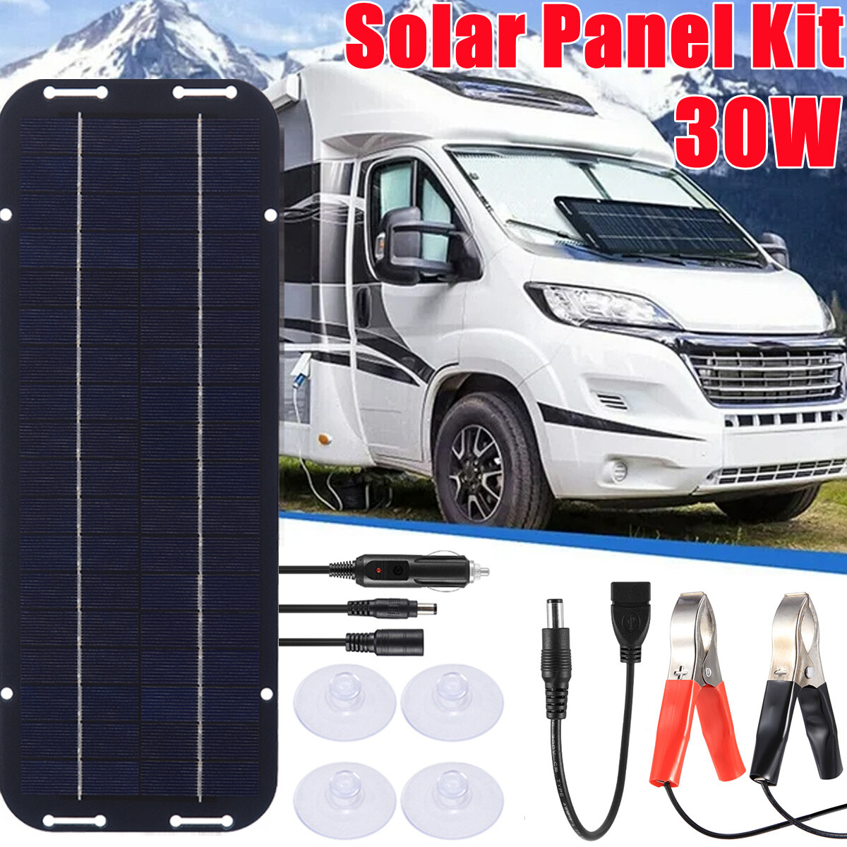 Portable 30W Solar Panel 12V Trickle Charger Battery Charger Kit For Car RV Boat