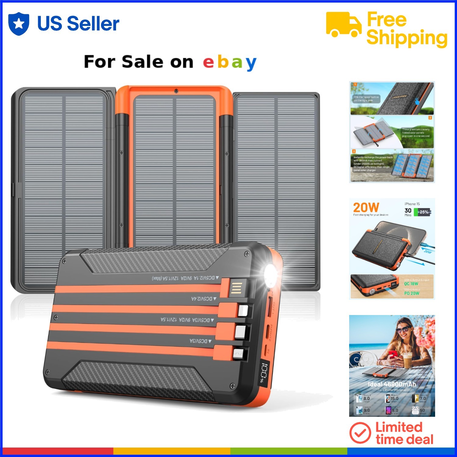 Power Bank Solar Charger 46800mAh Foldable Panels Fast Charging Camping Light
