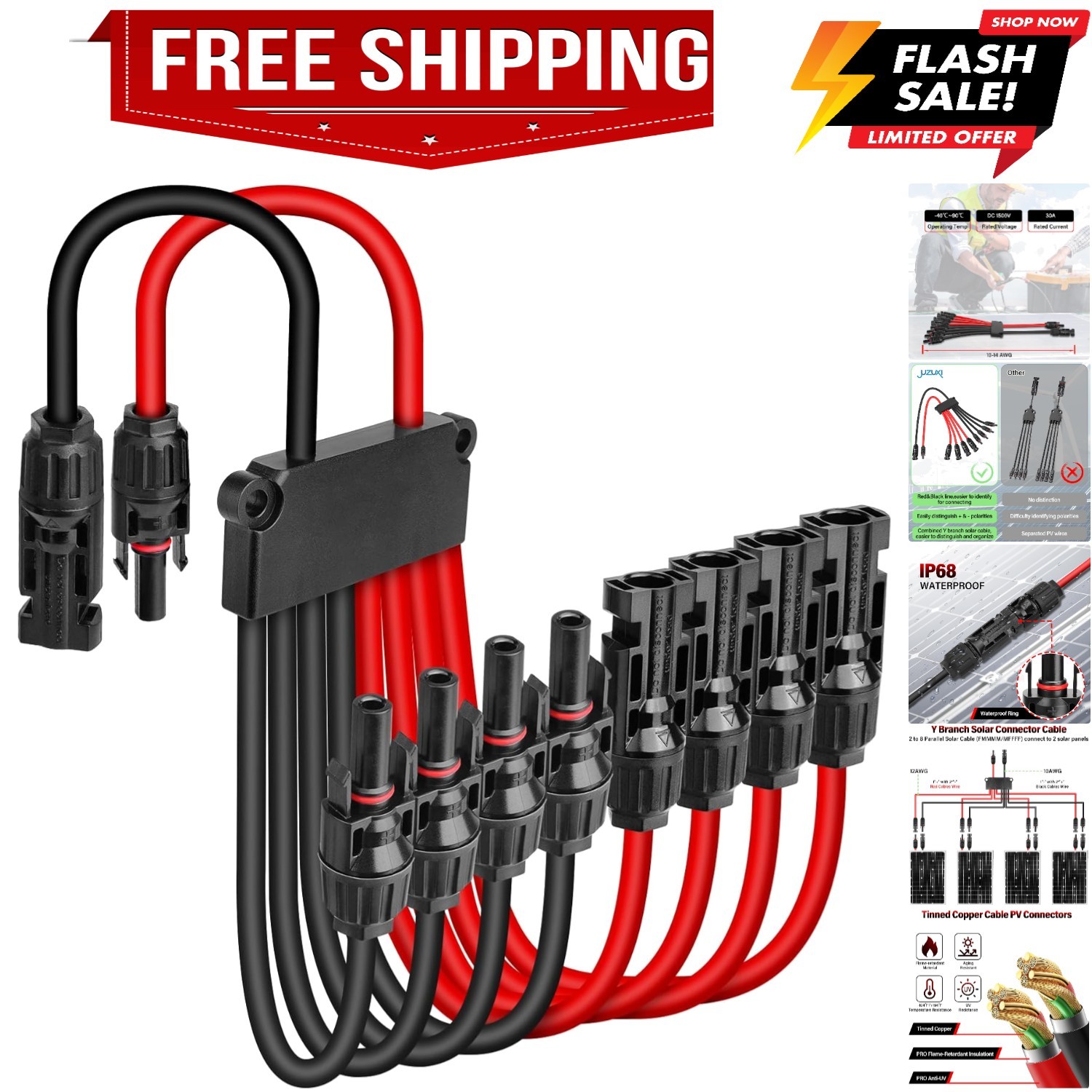 Solar Connectors Cable for 4 Solar Panels, Waterproof Y Branch Tool-Free Sola…