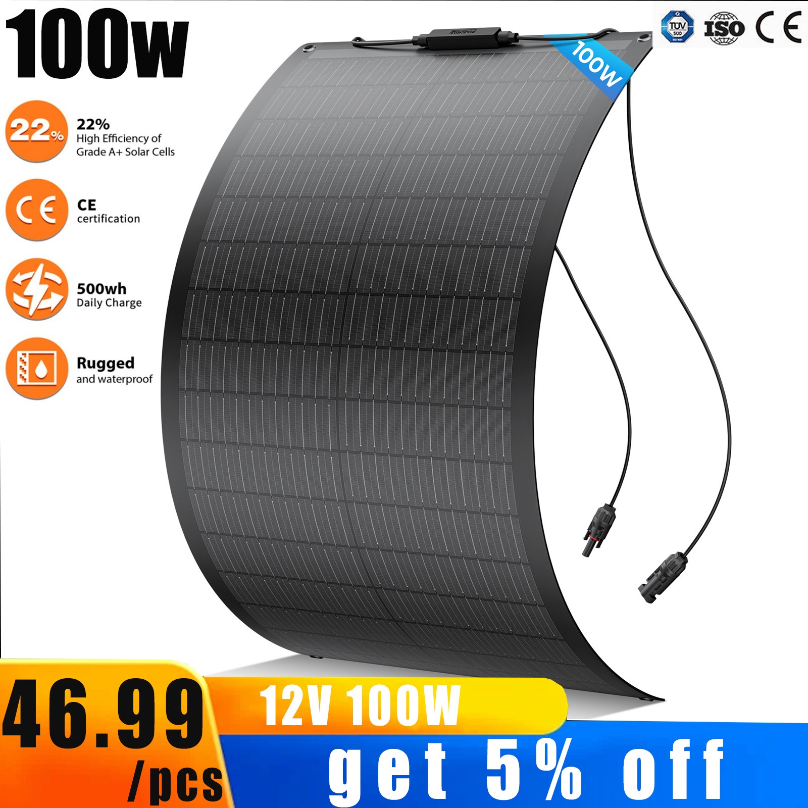 12V 100W Portable Flexible Solar Panel for Camping/RV/Home/Car Battery/Rooftop