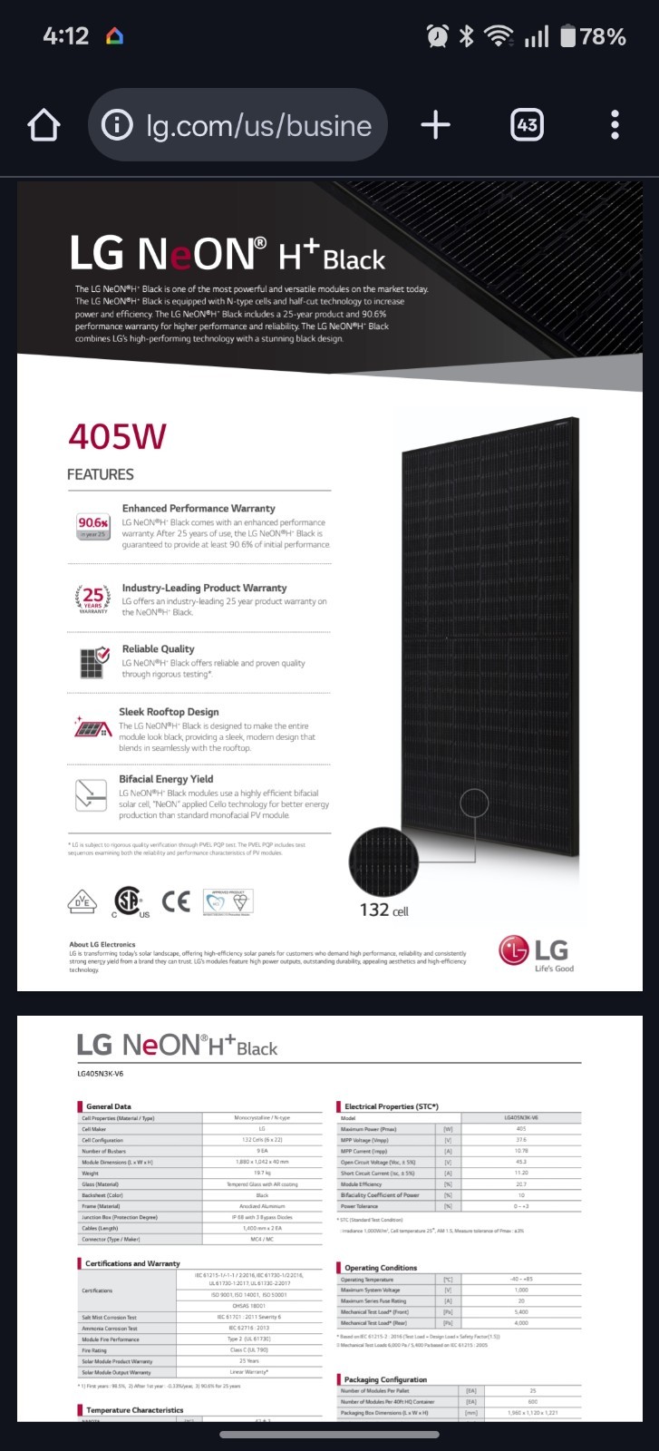 RARE FIND – LG 405W Solar Panels  BRAND NEW  Renewable Energy