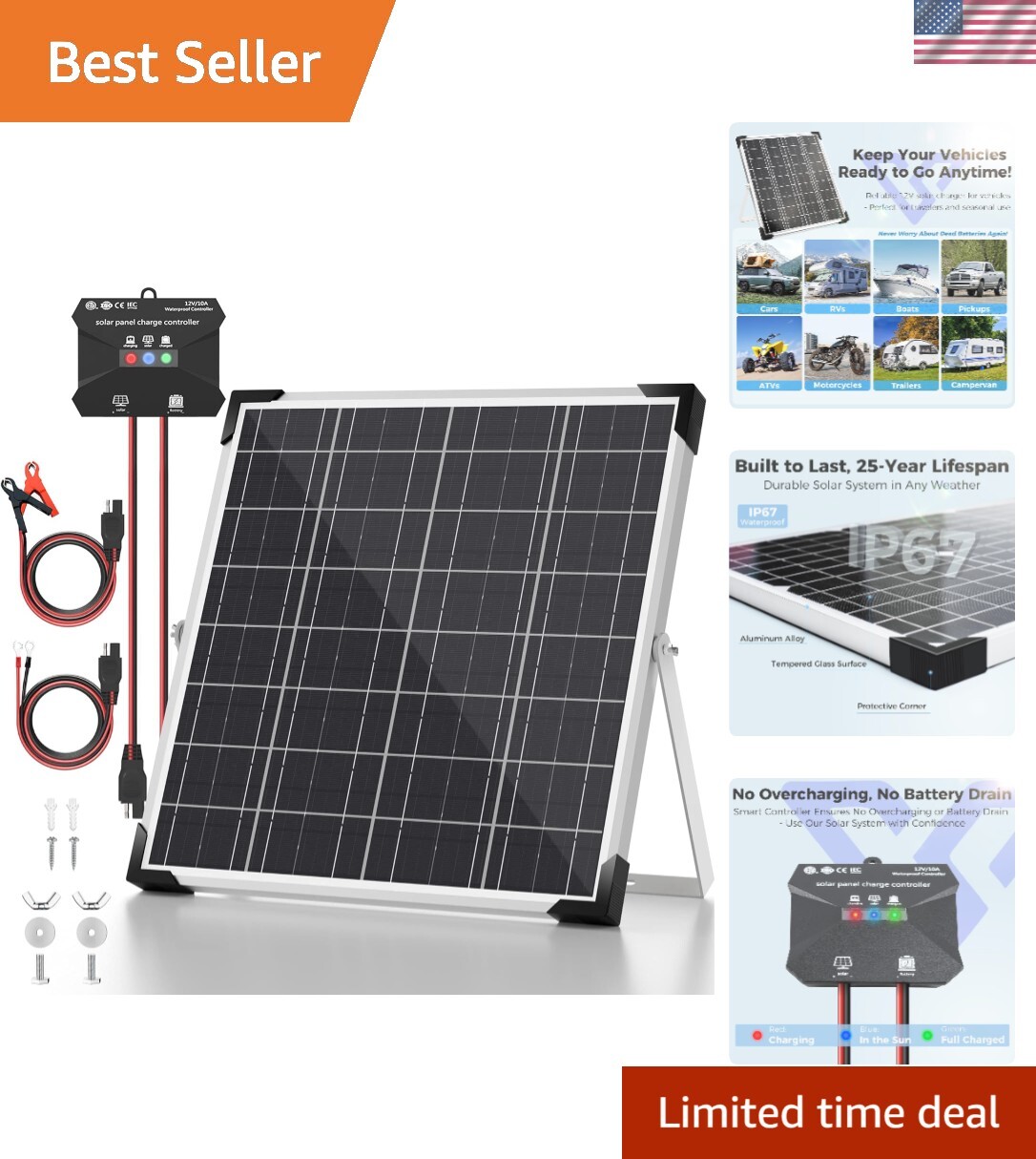 Solar Panel Kit 20W 12V, Solar Battery Trickle Charger Maintainer, Waterproof…
