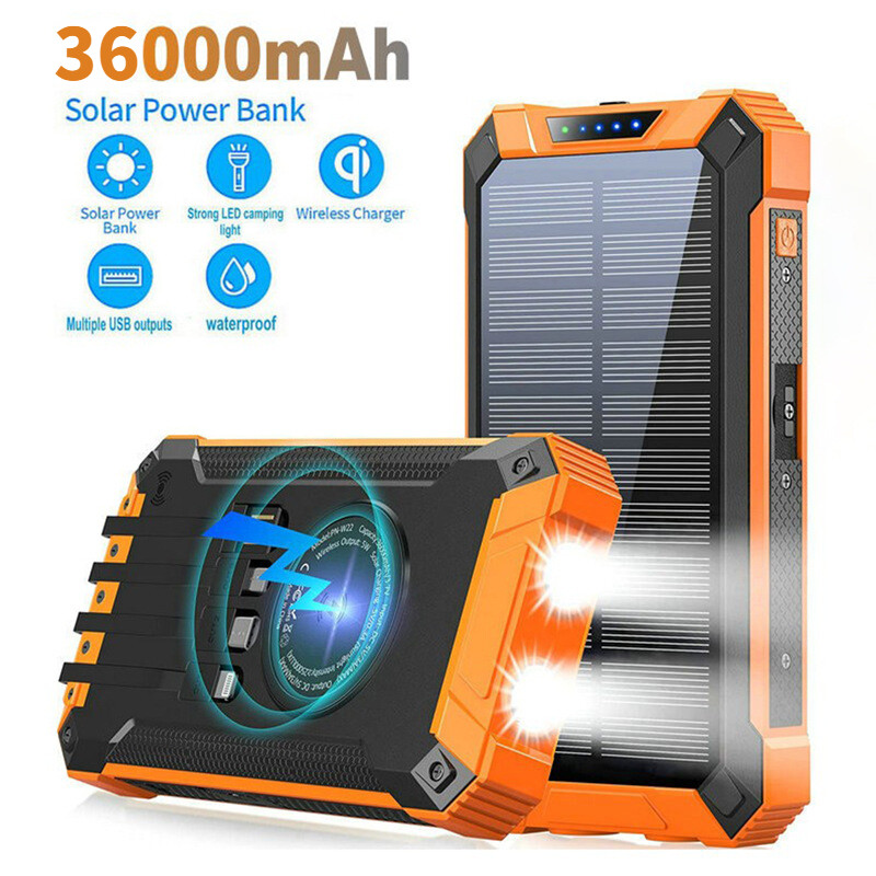 36800mAh Solar Power Bank 2 USB Wireless Charging Battery LED for Cell Phone