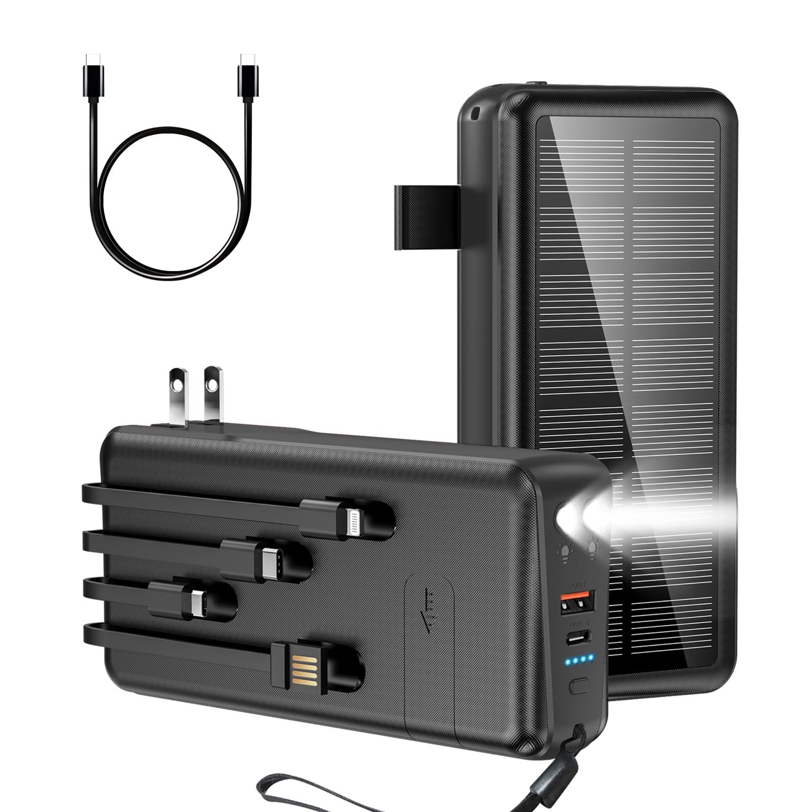 Black 50000mAh Solar Power Bank, PD30W Fast Charge, Built-in Cable, LED Light