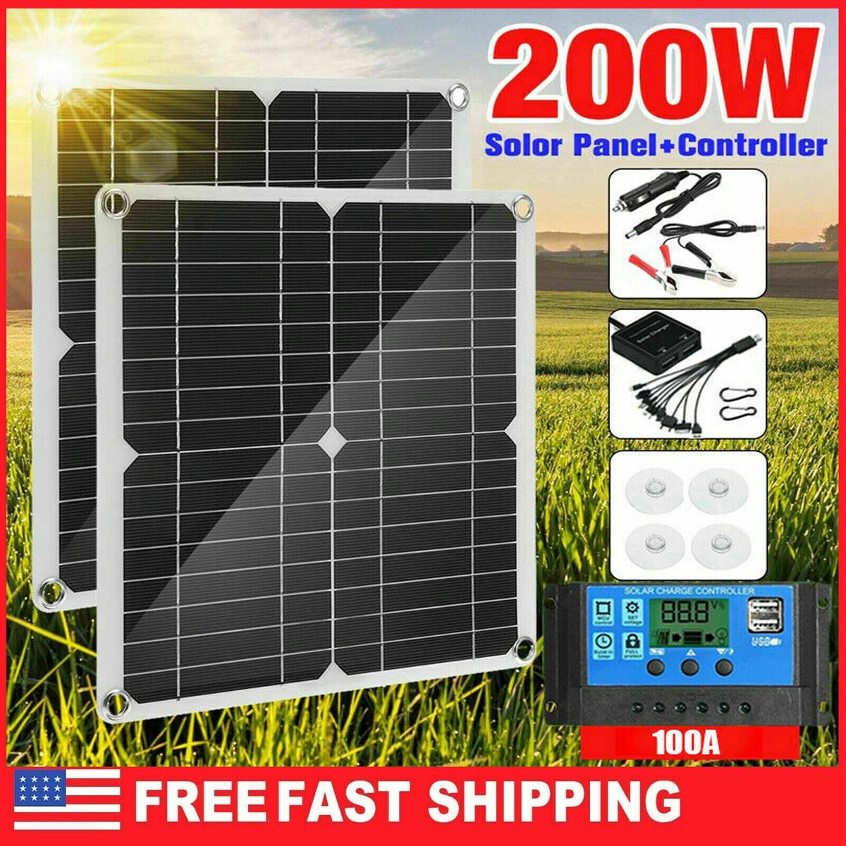 200 Watts Solar Panel Kit 100A 12V Battery Charger with Controller Caravan Boat