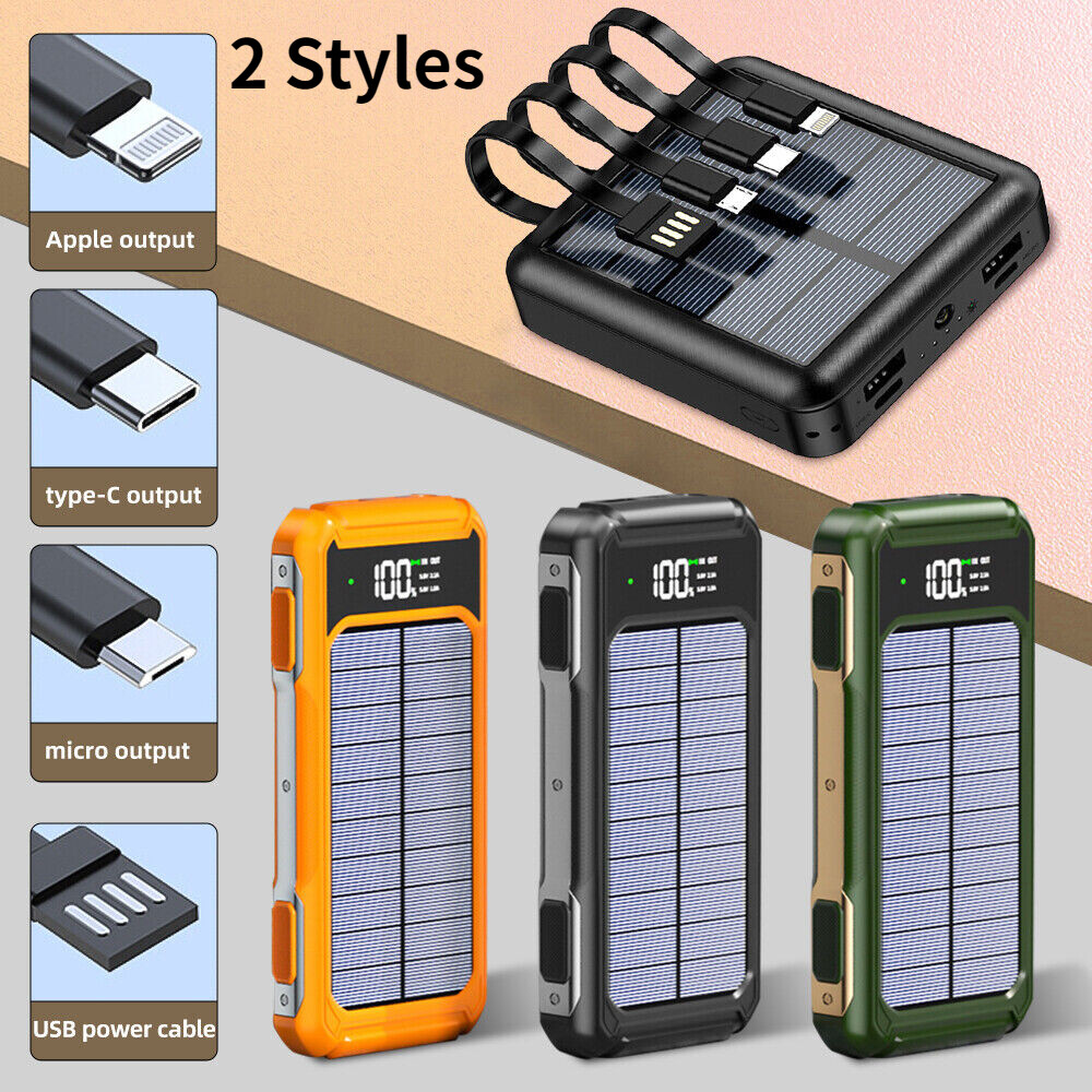40000mAh Solar Power Bank LCD LED 2 USB Built in 4 Cables Portable Phone Charger