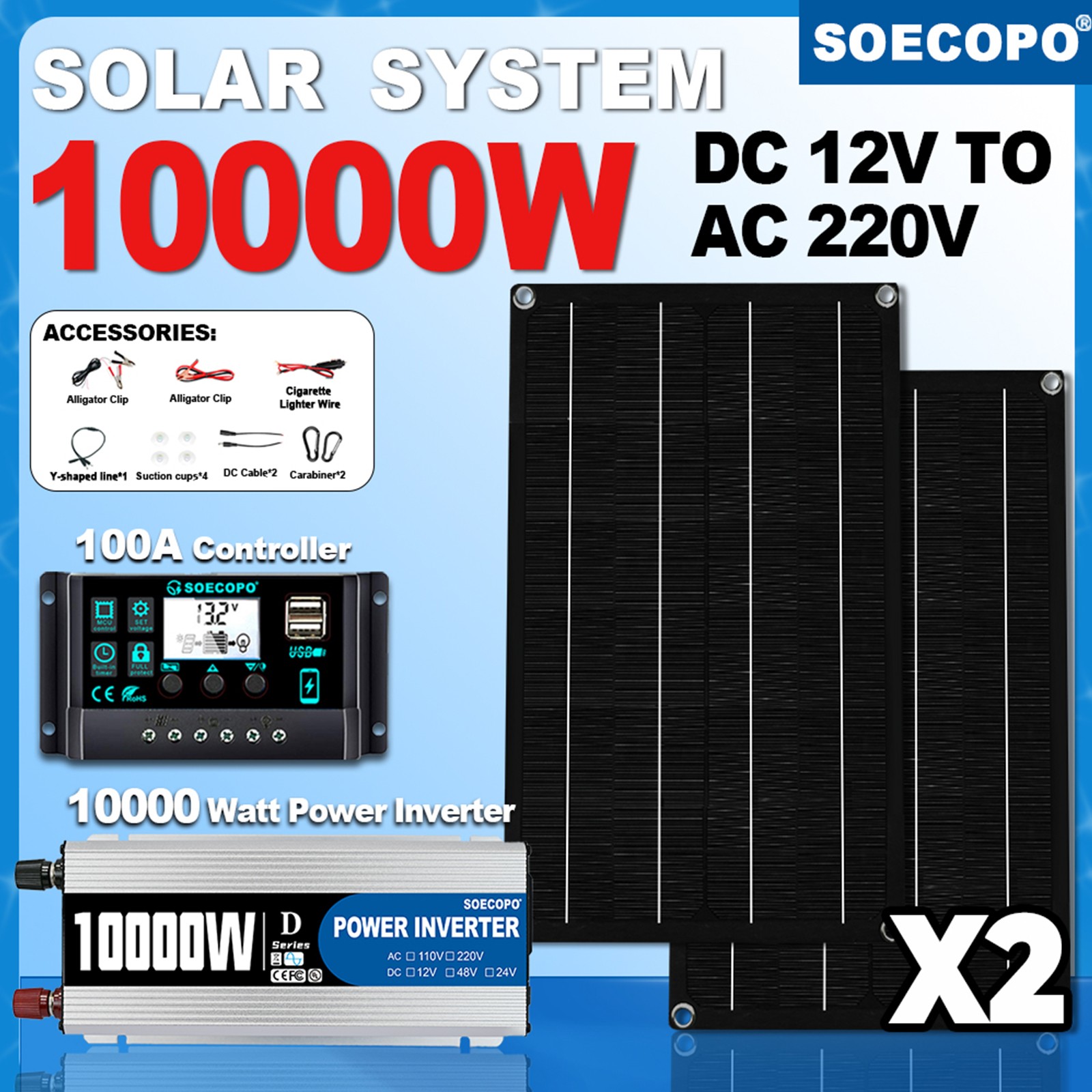10000W Solar Power System Kit 12Vto110V/220V+2pcs Solar Panels+ 100A Controller