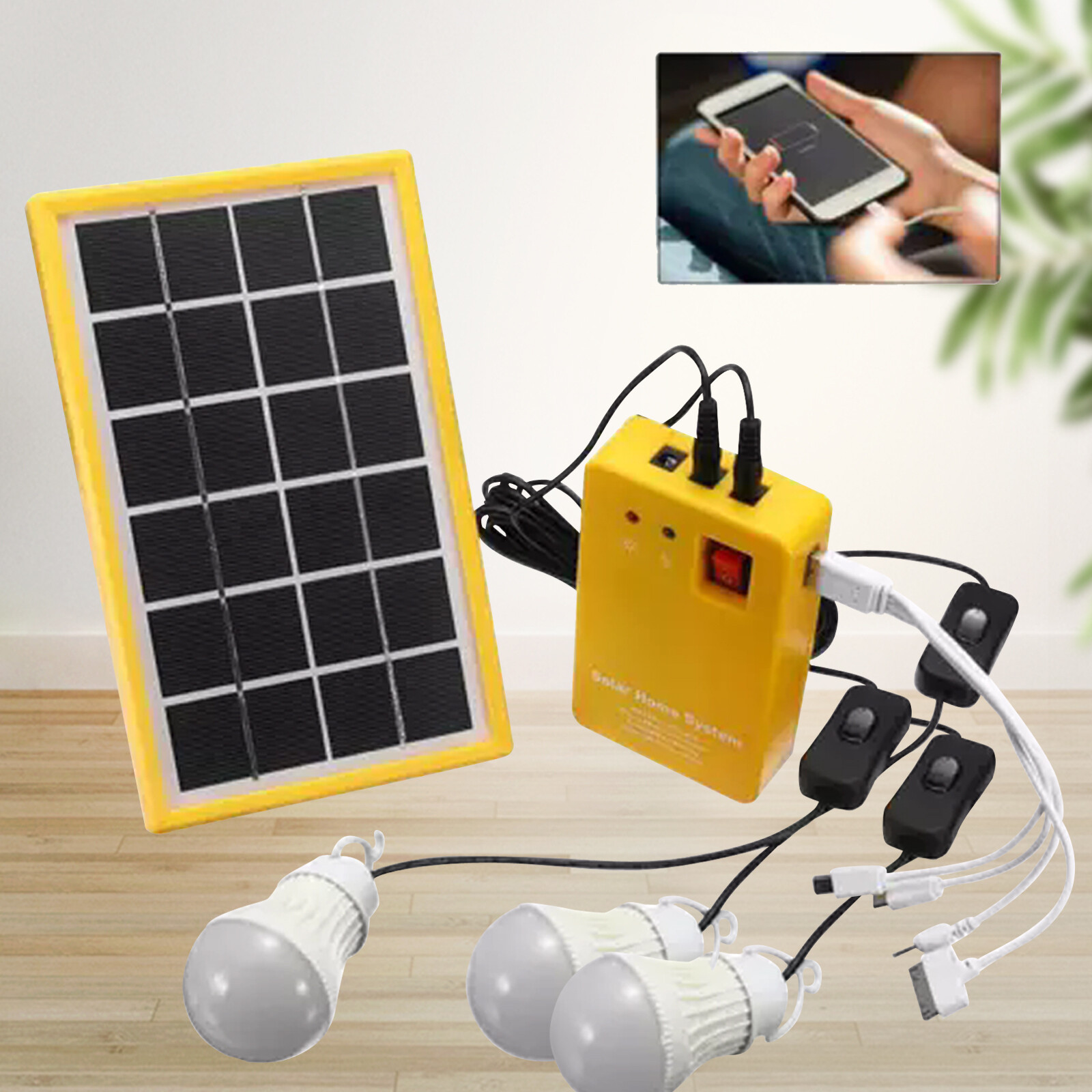 Solar Power Panel Generator Kit Home System USB 5V Charger 3 LED Bulbs Light