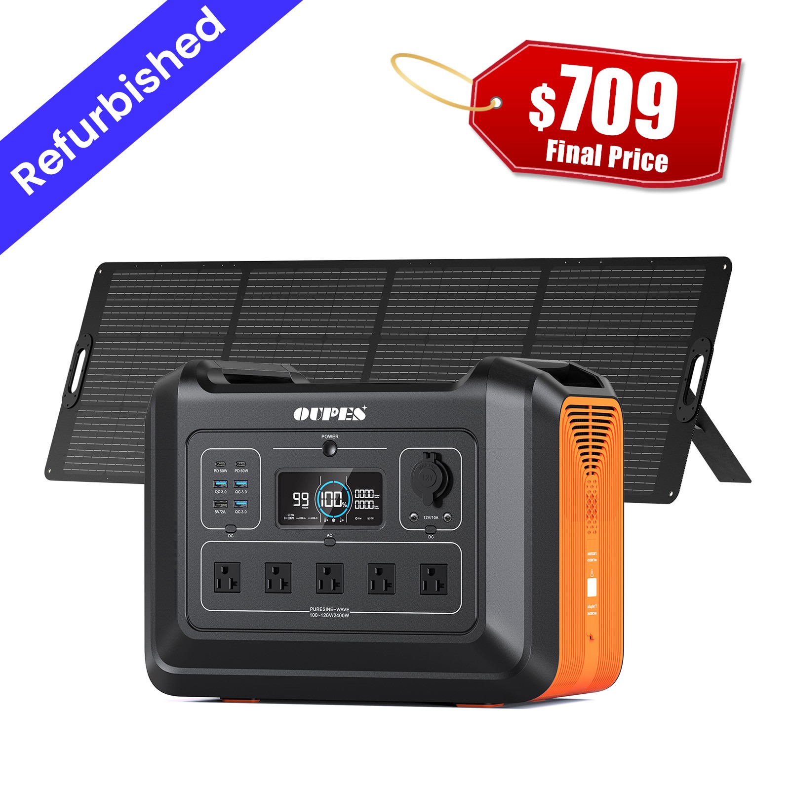 OUPES 2232Wh Power Station 2400W Solar Generator +240W Solar Panel RV Home Back