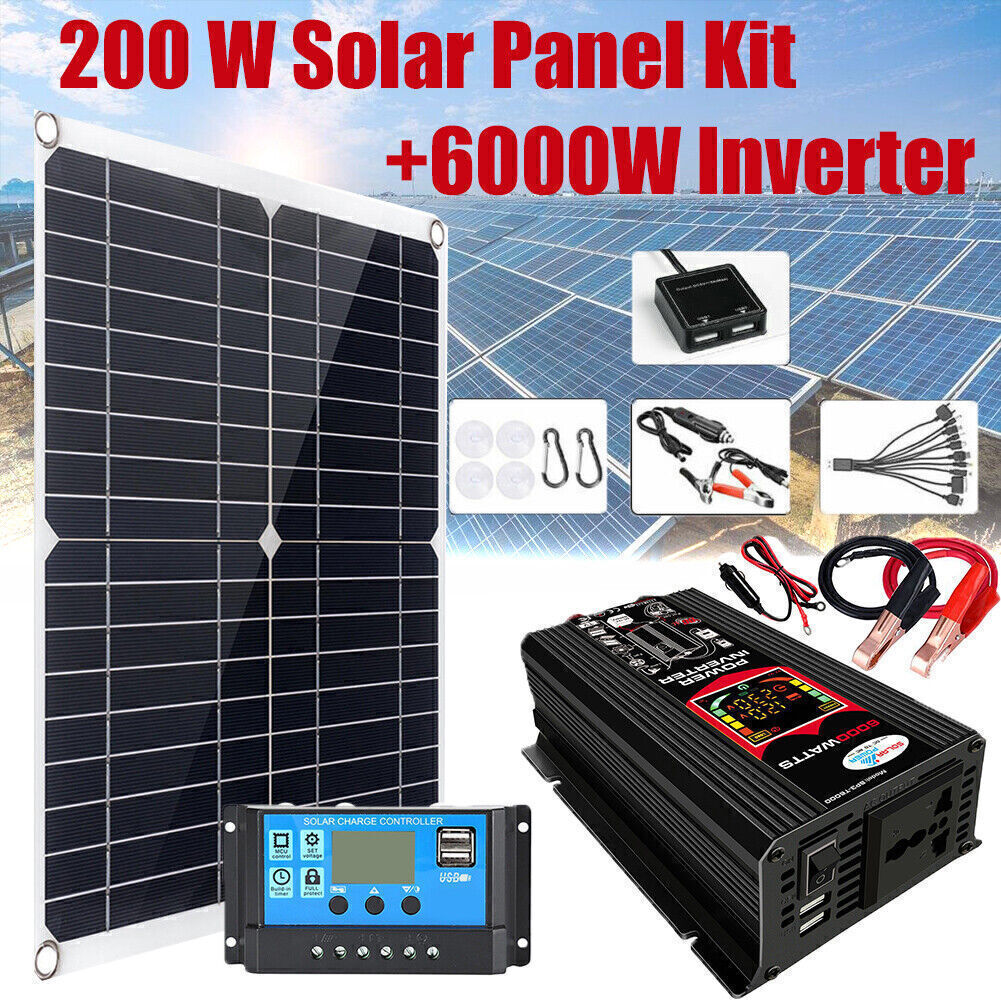 200W Complete Solar Panel Kit 6000W Solar Power Generator 100A Home RV Boat 110V