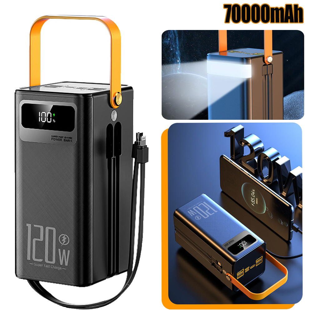 70000mAh Power Bank 120W Portable Fast Phone Charger LCD Display With 2 Cables