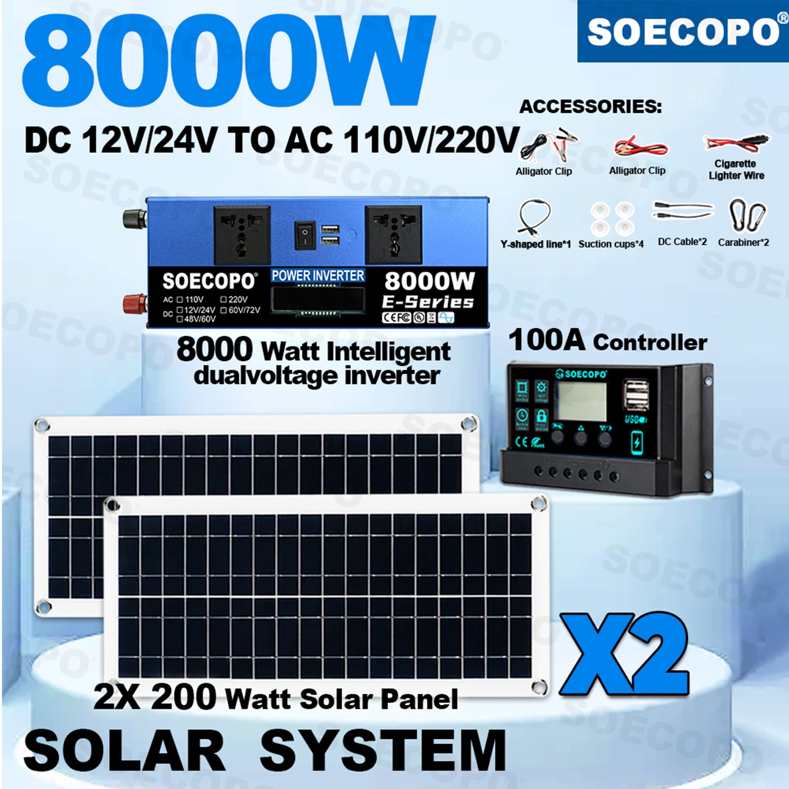 8000W Solar Power Kit Inverter, 2pcs 200W Solar Panels & 100A Controller