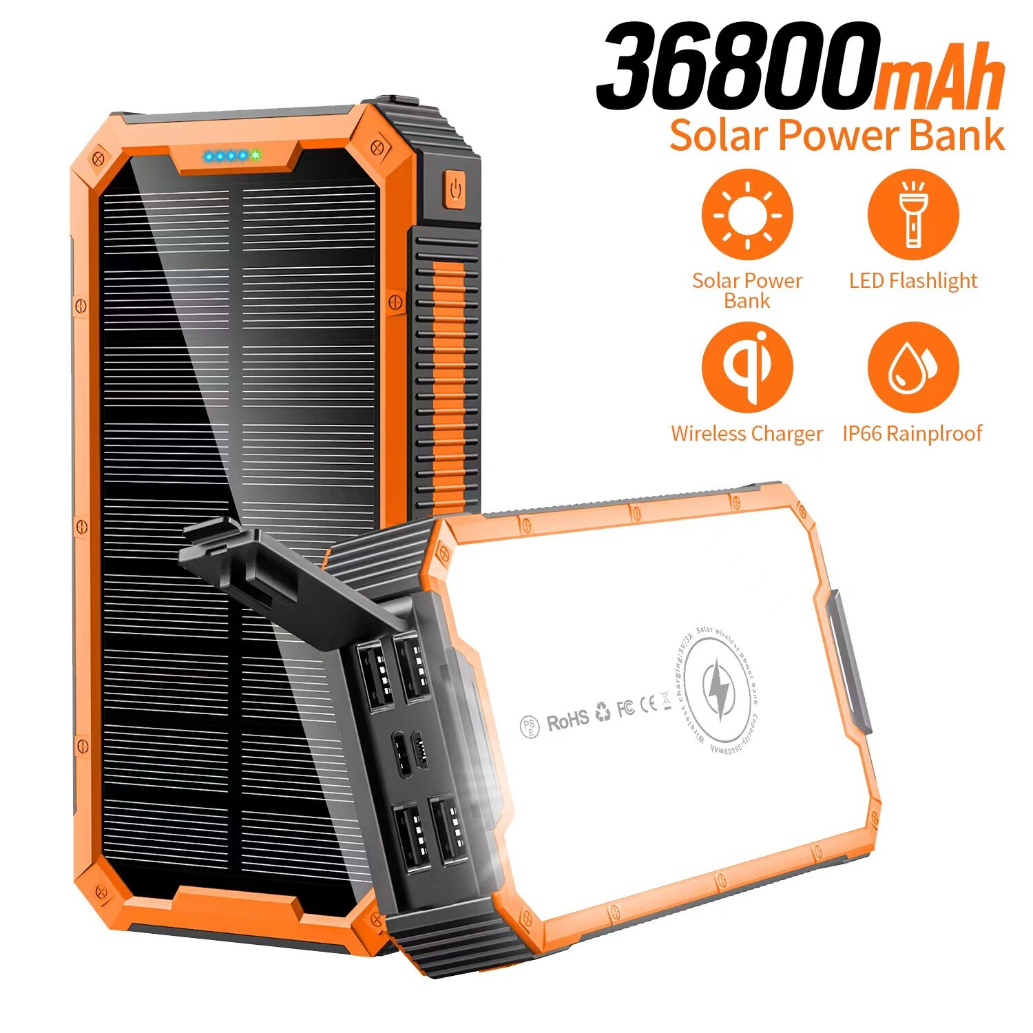 36800mAh Solar Power Bank Wireless Fast Charger External Battery Camping Light