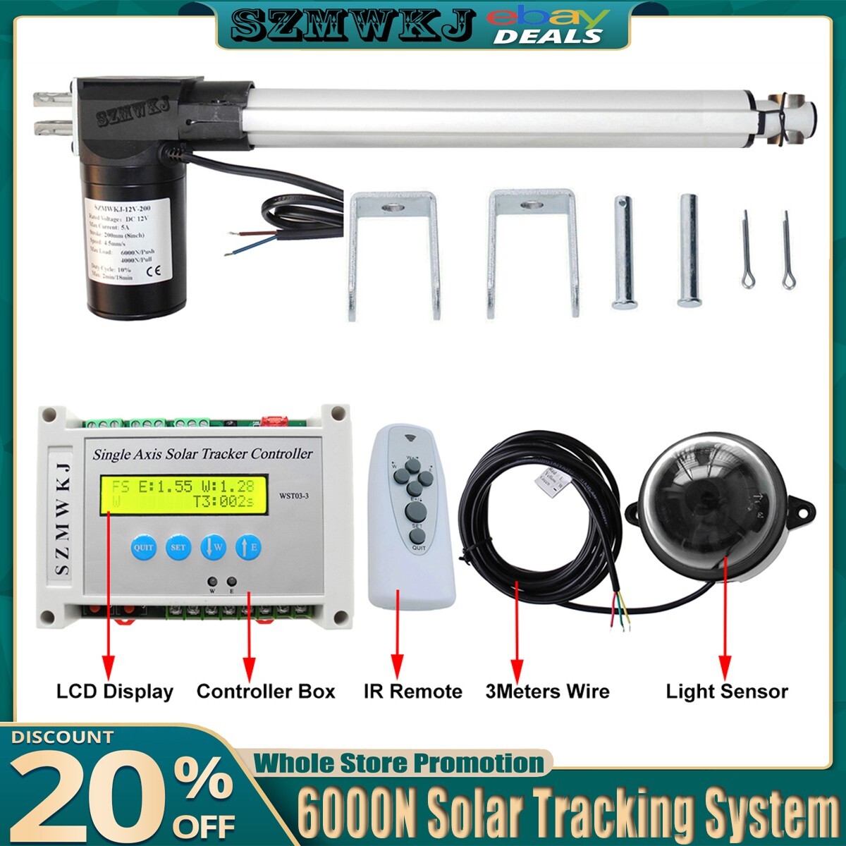 6000N Single Axis Solar Tracker Kit -16″ Linear Actuator + Electronic Controller