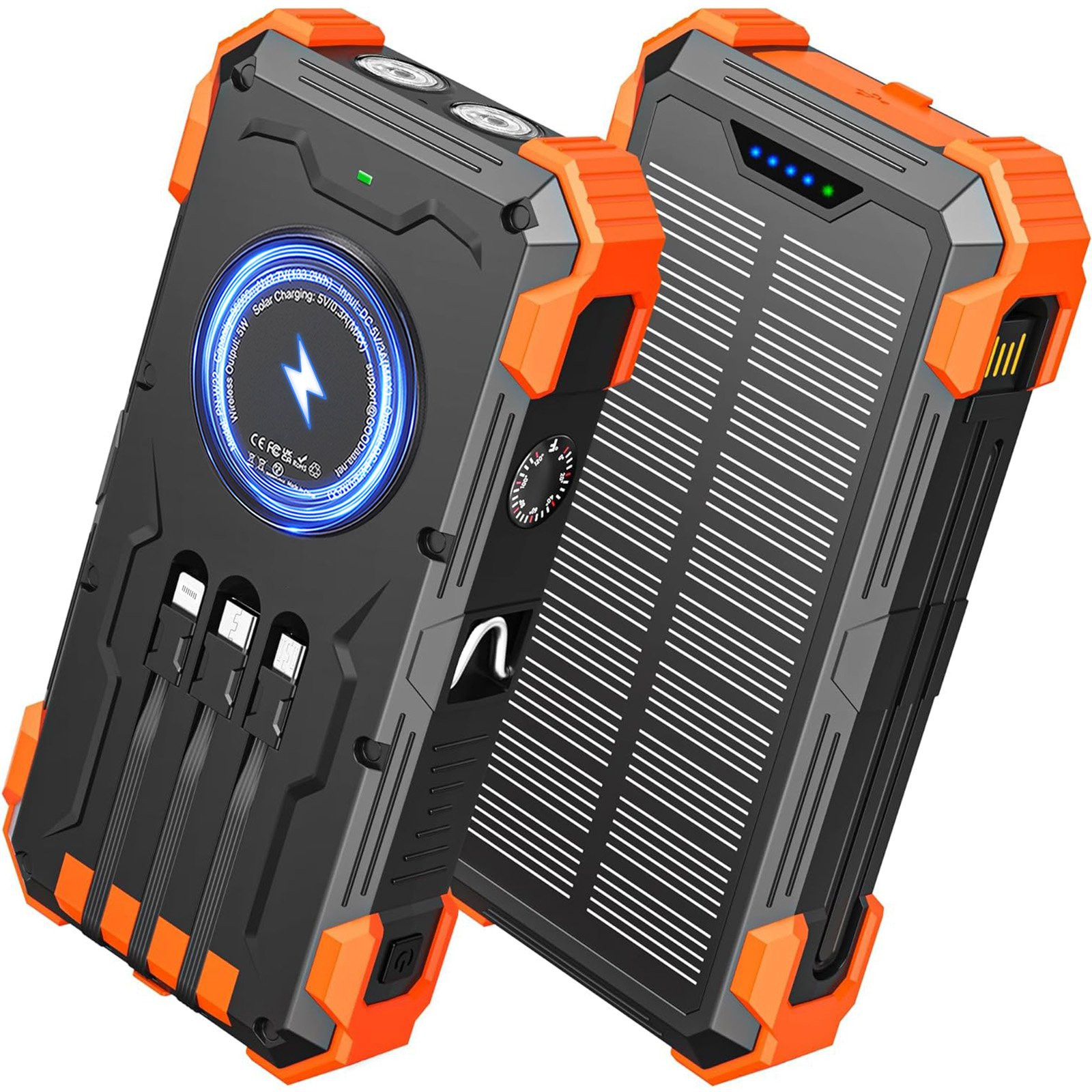 42800mAh Solar Power Bank with Fast Charging, Dual Flashlights, and Cables