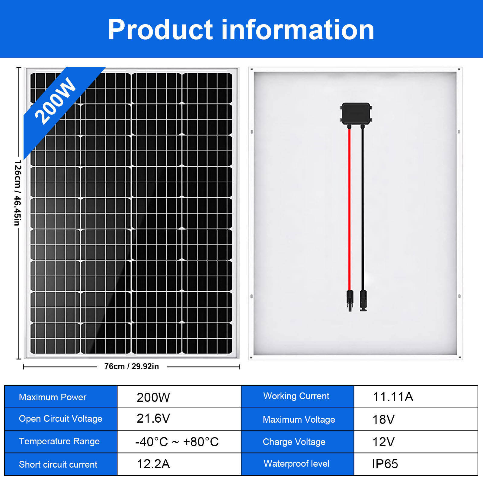 Solar Panel High Efficiency Mono Module US 200 Watts Monocrystalline 200W 12V